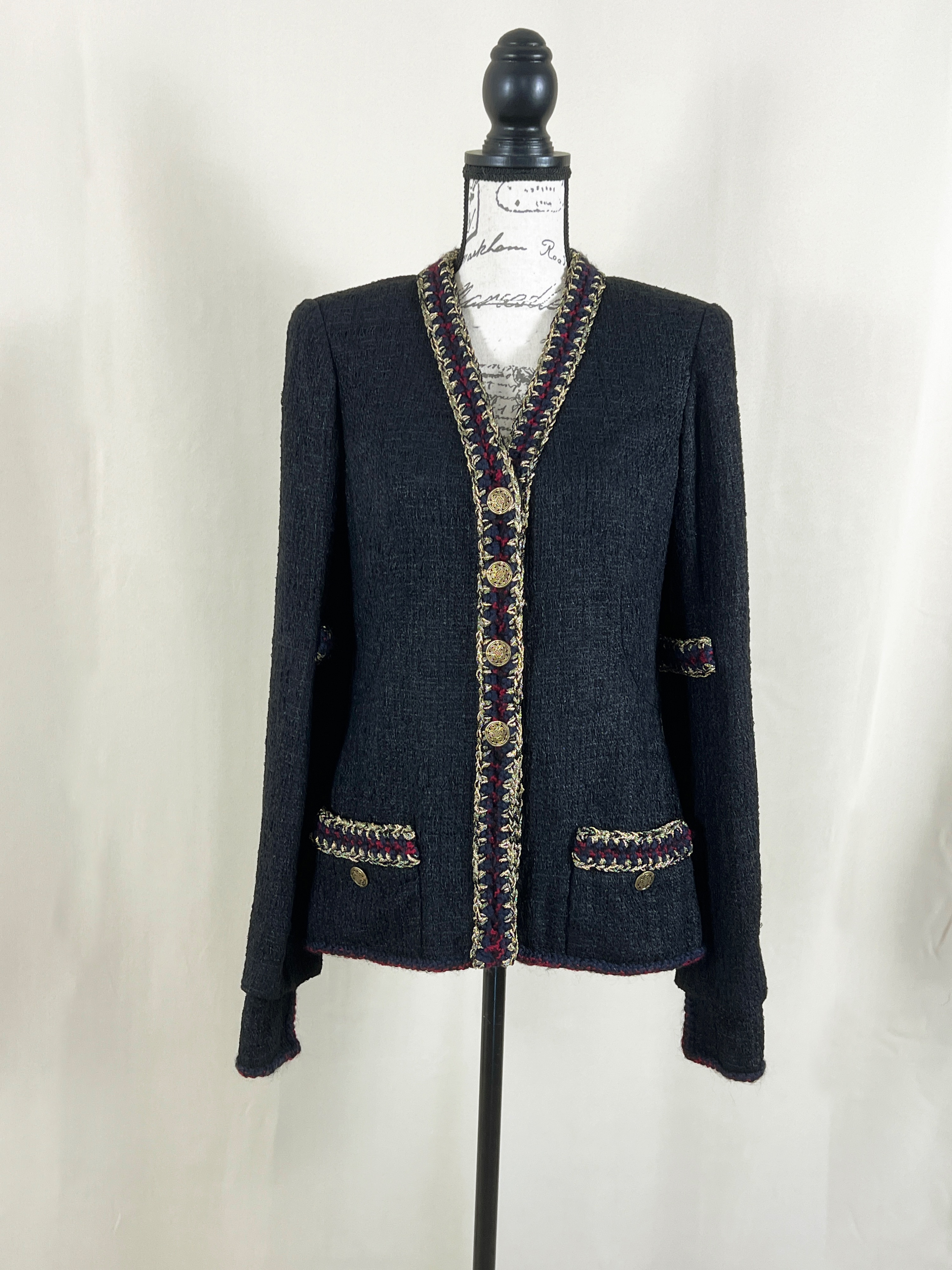 Preowned Chanel Black Boucle Single Breasted Blazer Size XS tweed