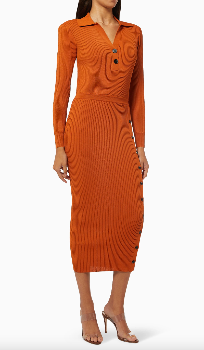 Preowned Self Portrait Ribbed Knit Midi Dress in Cinnamon Size M Orange viscose