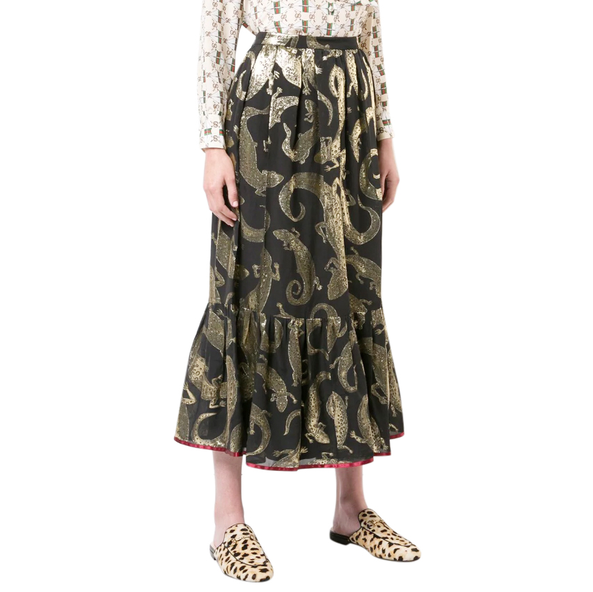 Gucci Black  Gold Lizard Jacquard Midi Skirt polyester