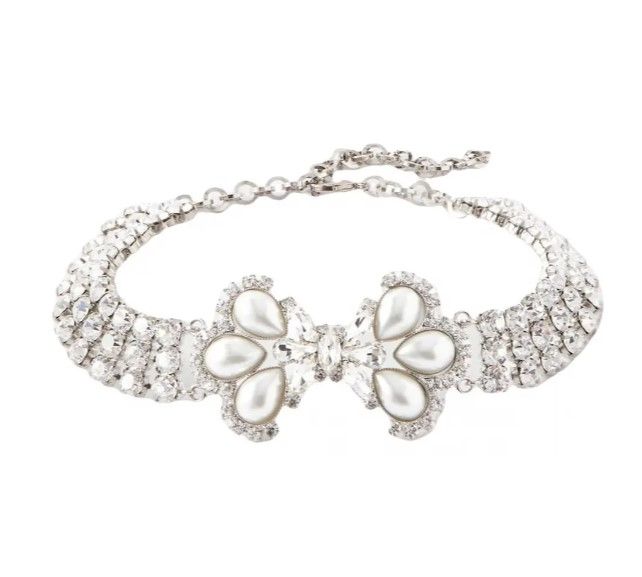 Preowned Alessandra Rich Crystal  Pearl Choker Silver