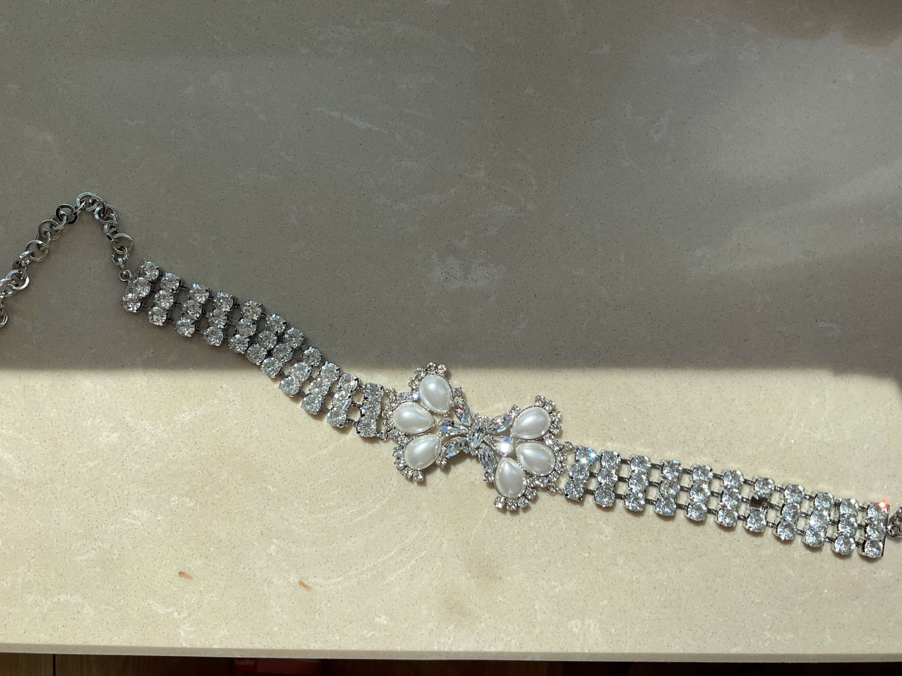 Preowned Alessandra Rich Crystal  Pearl Choker Silver