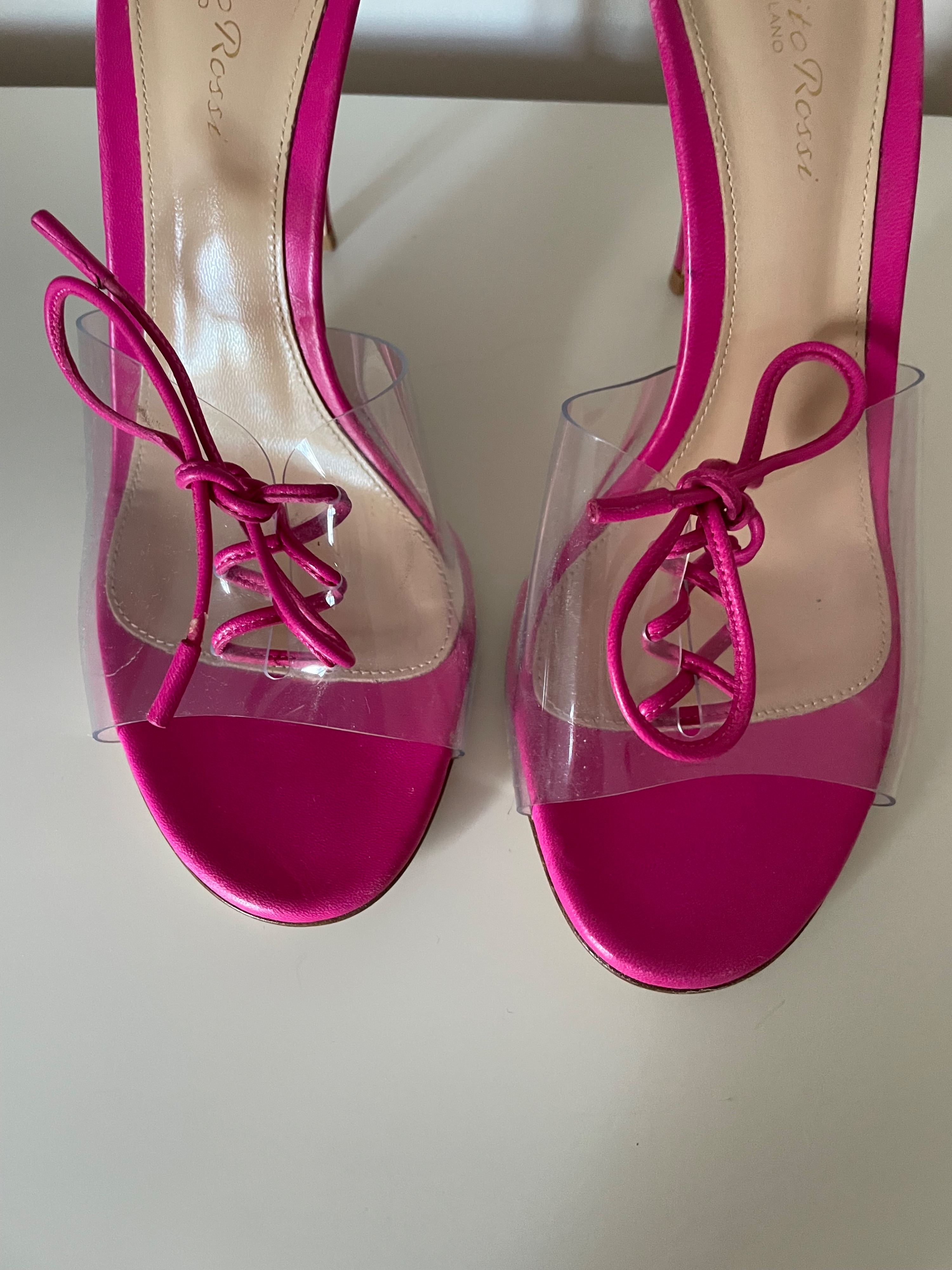 Preowned Gianvito Rossi Pink Perspex Lace Up Detail Mules Size 39 leather/pvc