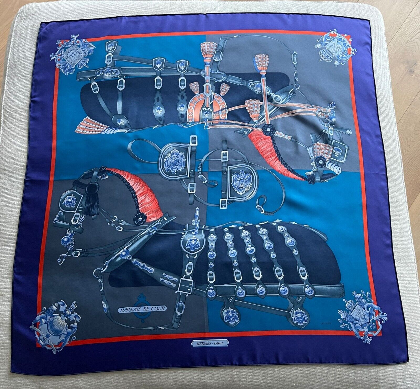 Hermes Sold Out Harnais De Cour Silk Scarf 90 violet/cobalt/marine