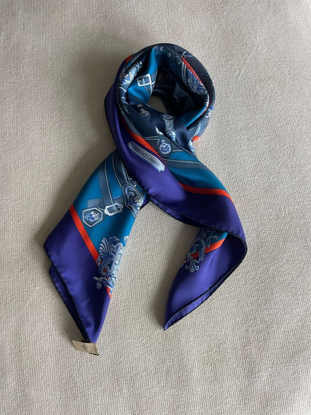 Hermes Sold Out Harnais De Cour Silk Scarf 90 violet/cobalt/marine