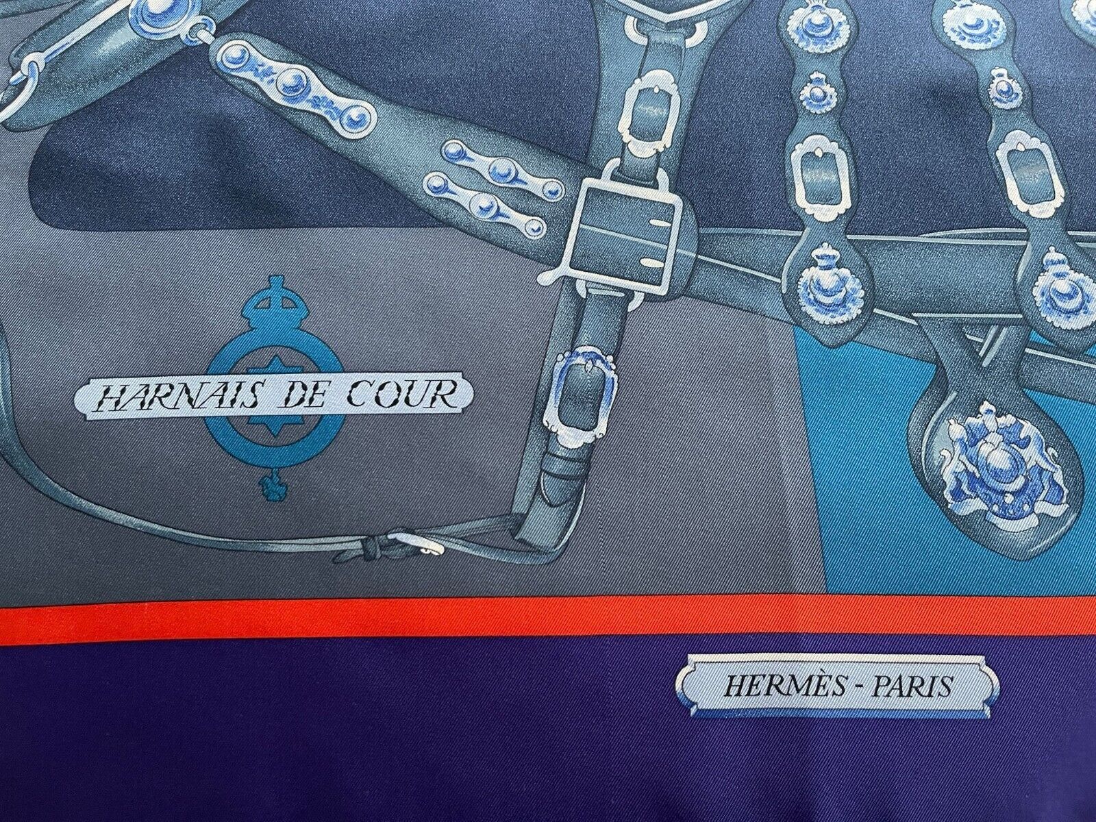 Hermes Sold Out Harnais De Cour Silk Scarf 90 violet/cobalt/marine