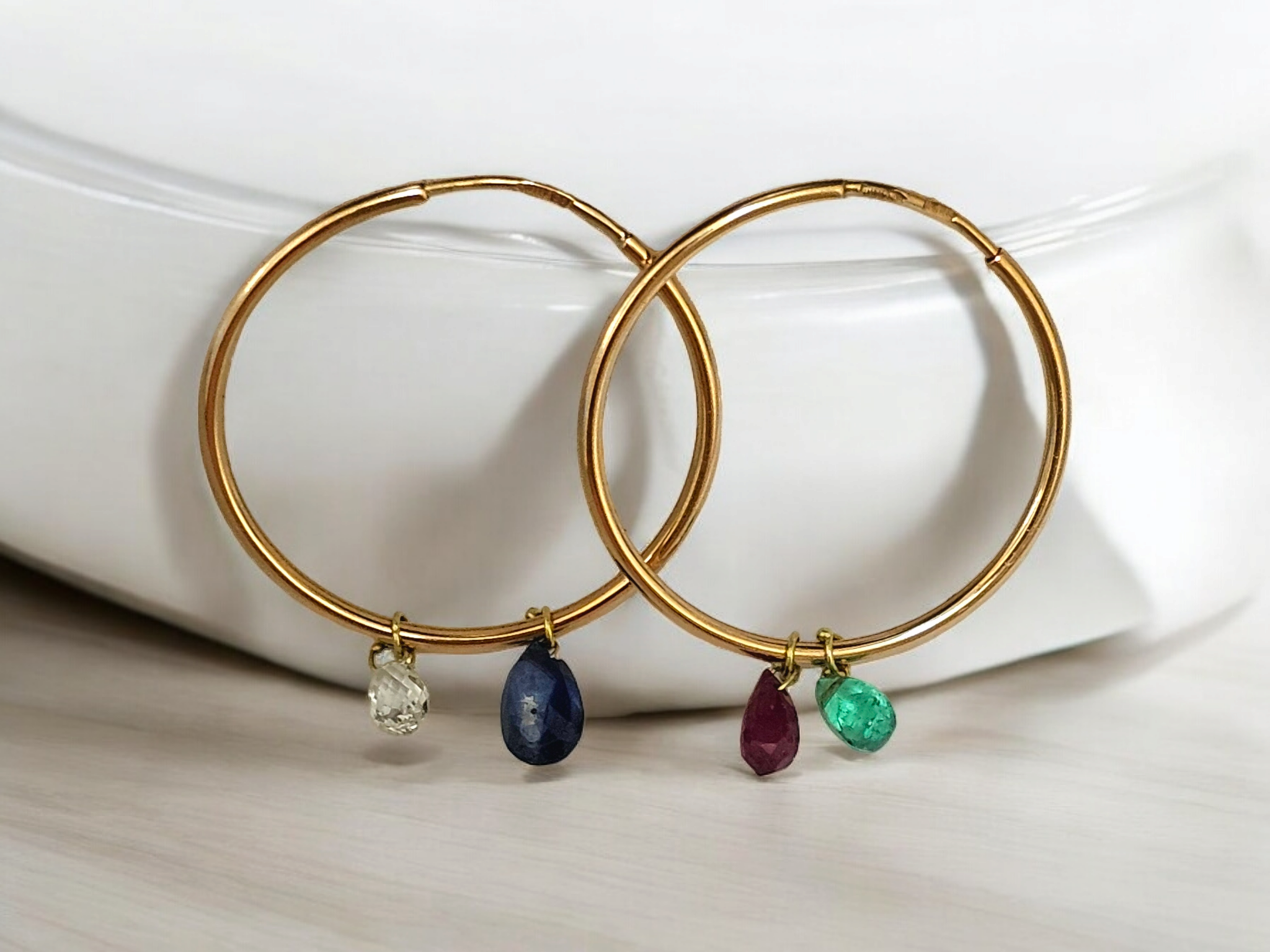 Preowned Bespoke 14ct Gold Gemstone Hoop  Earrings Yellow gold ct gold