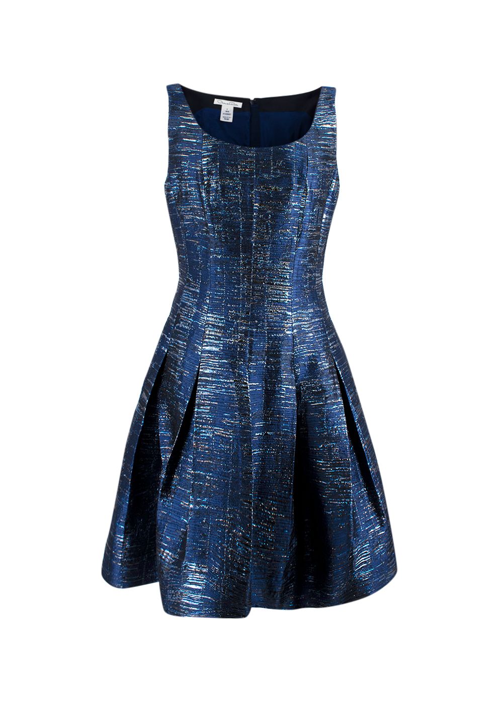 Oscar de la Renta Blue Metallic Woven Skater Dress Size S Navy polyester