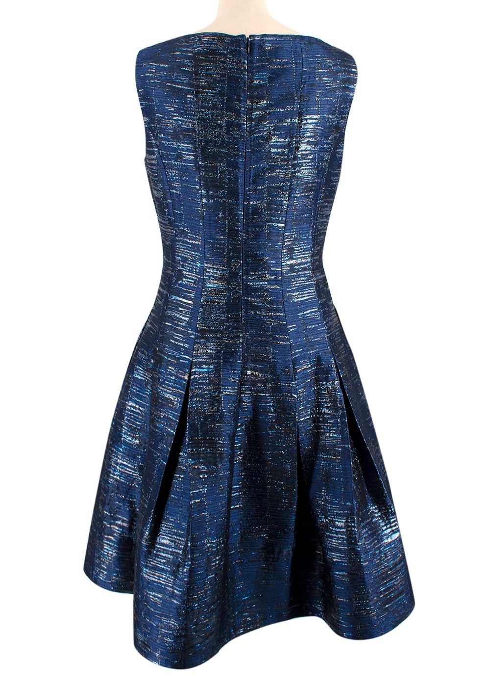 Oscar de la Renta Blue Metallic Woven Skater Dress Size S Navy polyester