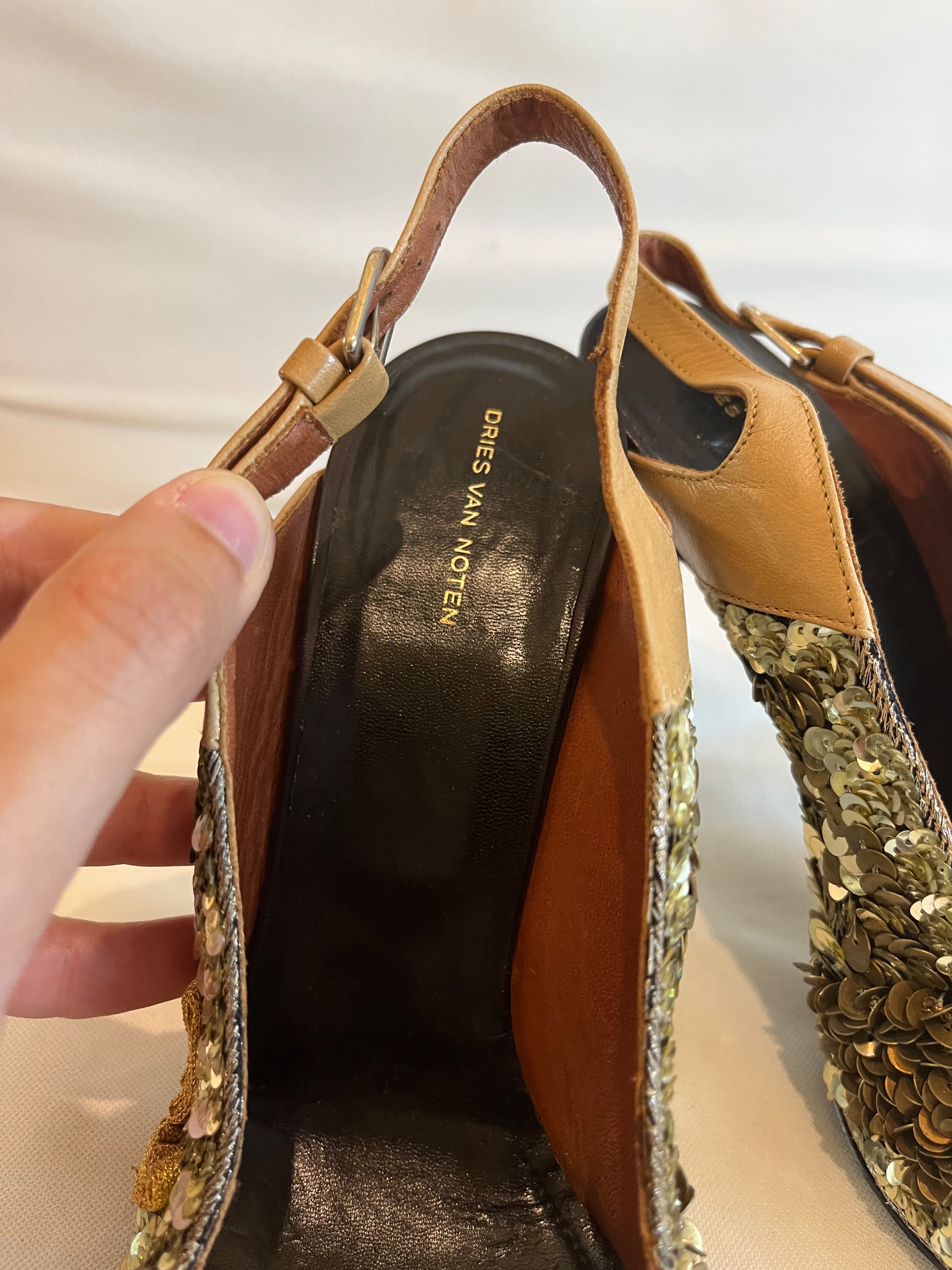 Dries Van Noten Gold-tone sequin embellished slingback heeled pumps Size 38 Gold leather