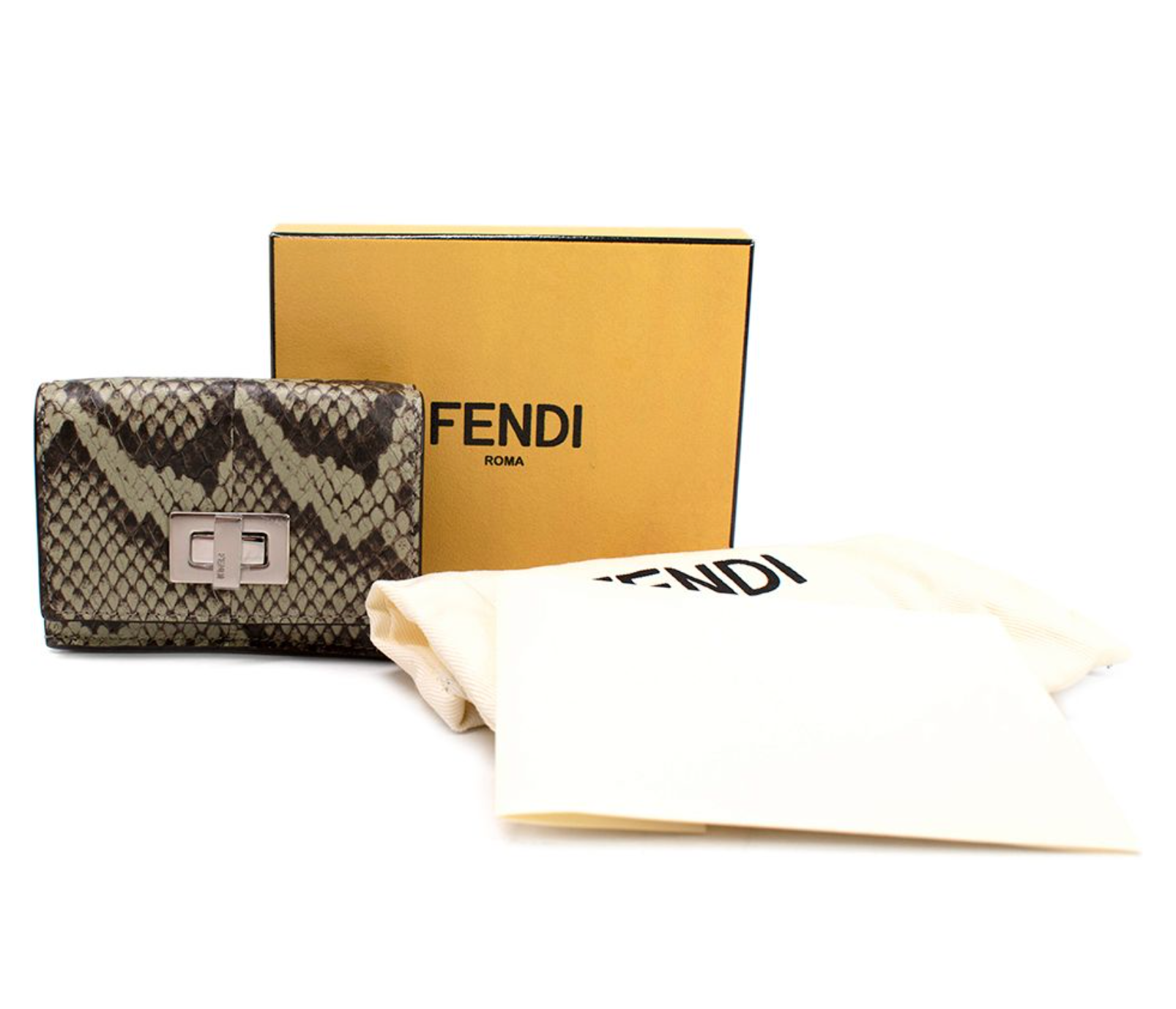 Fendi Peekaboo Micro Trifold White Elaphe Wallet Green exotic leather