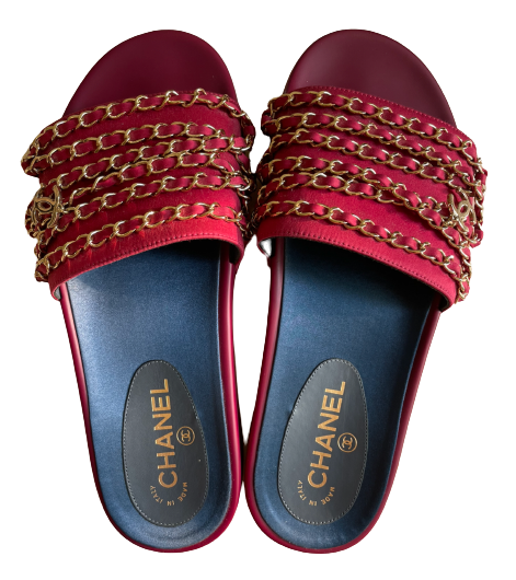 Preowned Chanel Red Tropiconic Chain Slides Size 40 Red/Black/Gold silk/rubber