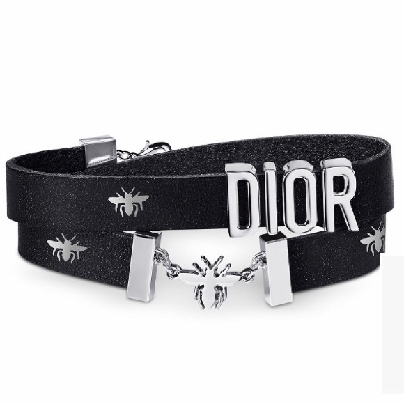 Christian Dior Black and Silver Bee Leather Bracelet Black silver leather/metal