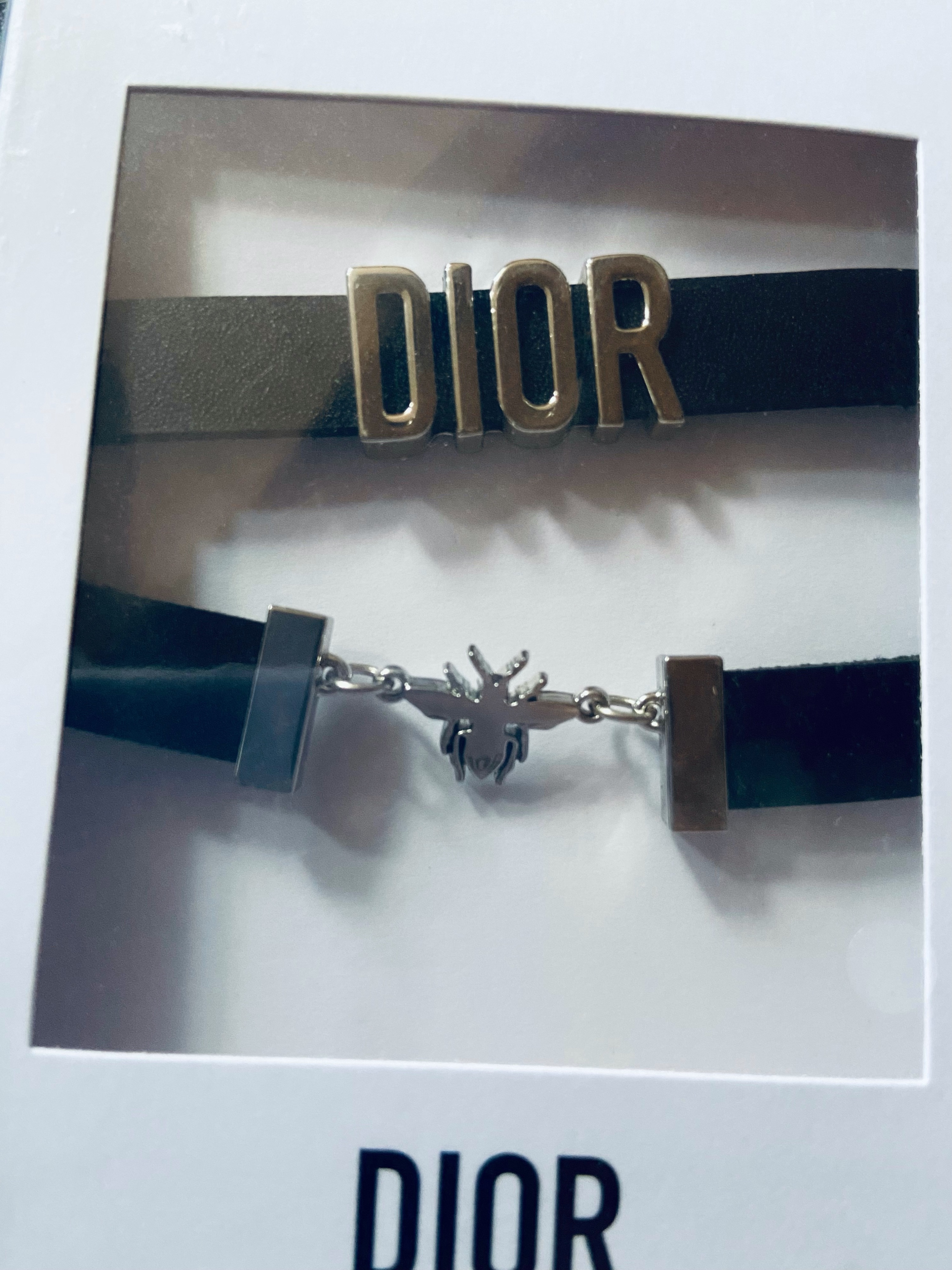 Christian Dior Black and Silver Bee Leather Bracelet Black silver leather/metal