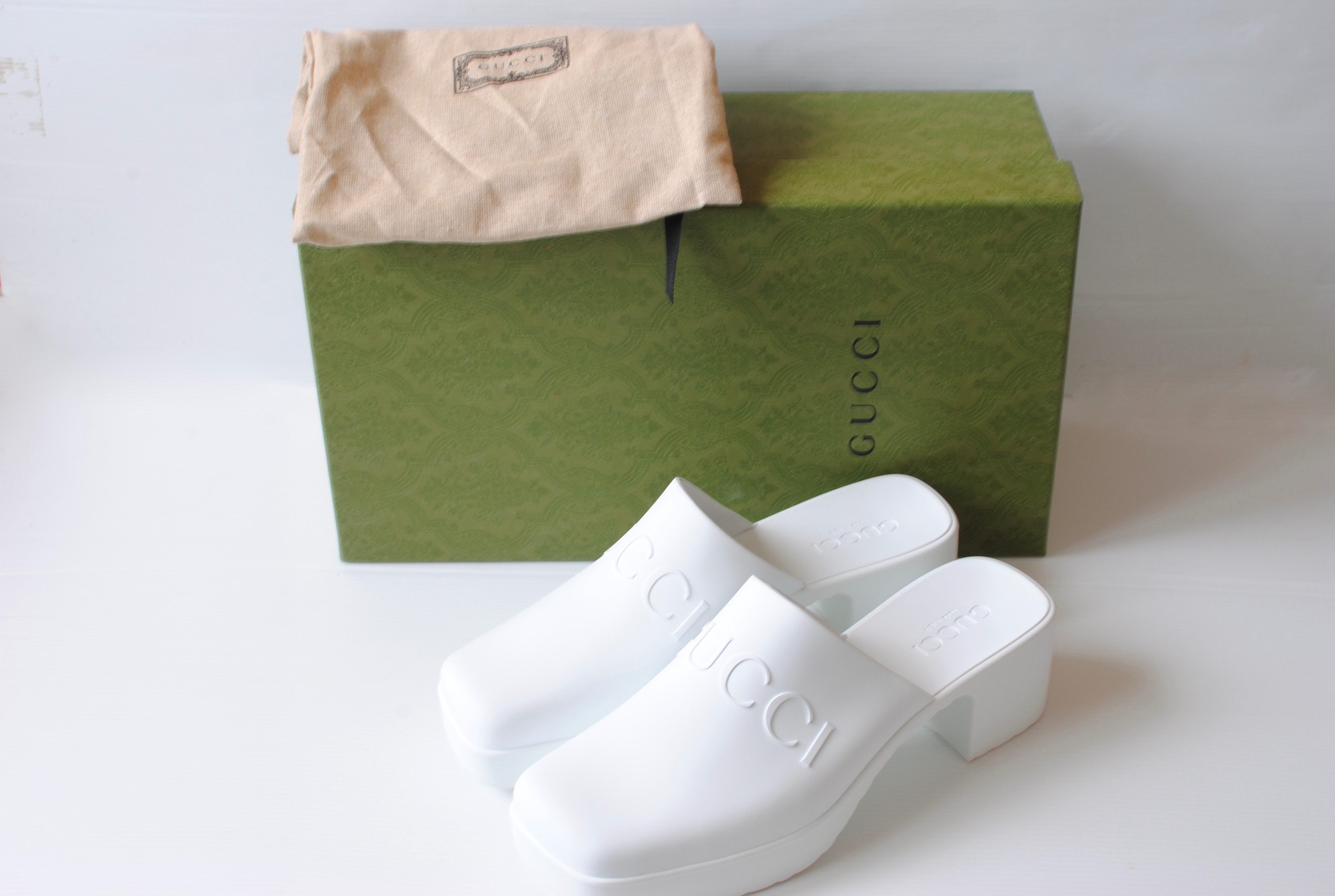 Gucci White Logo Rubber Clogs Size 39