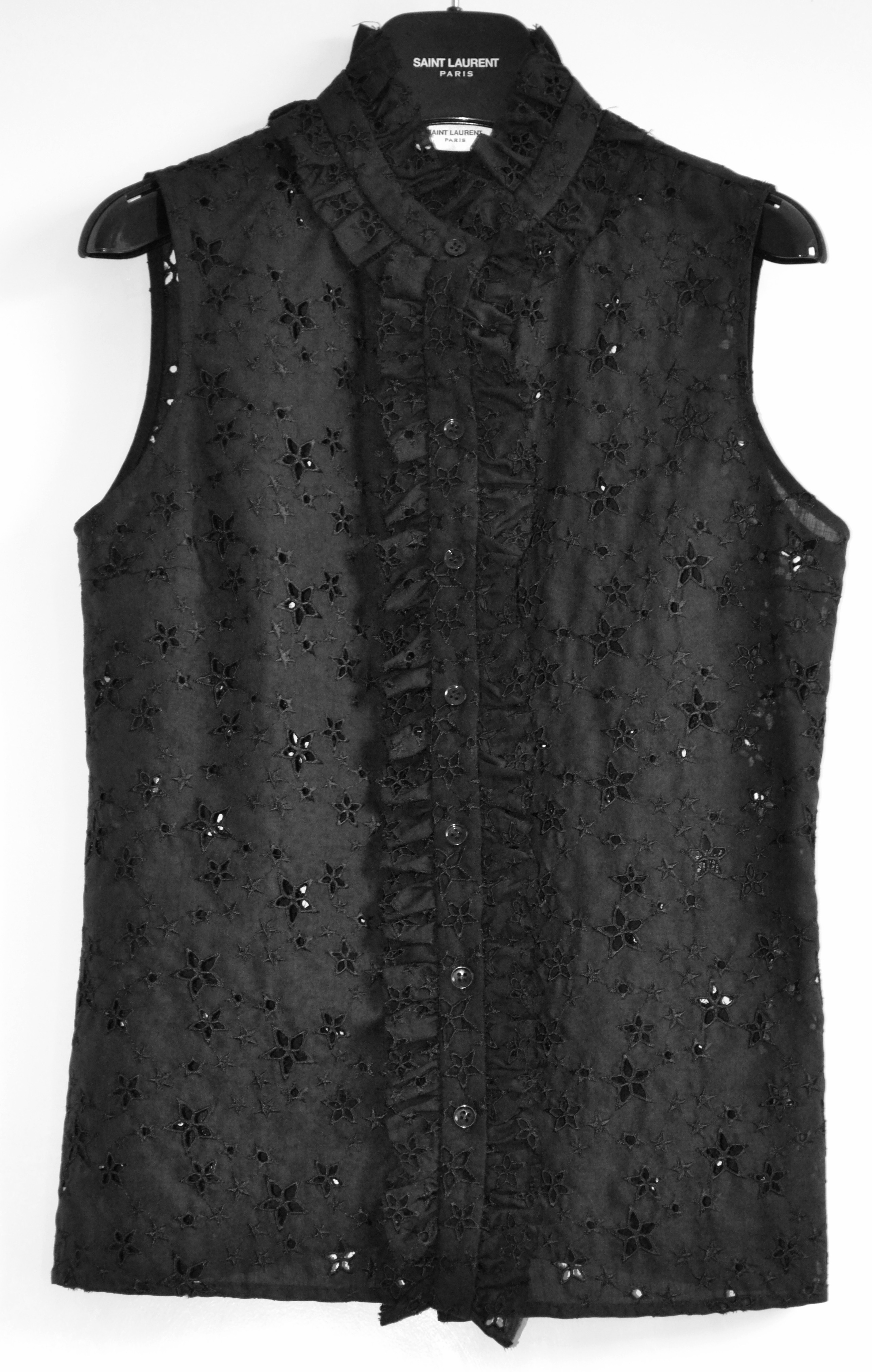 Saint Laurent Broderie Anglaise Sleeveless Blouse Size M black wool