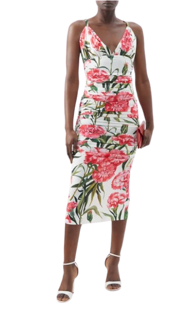 Preowned Dolce  Gabbana White Happy Gardens Carnation Print Midi Dress Size S silk