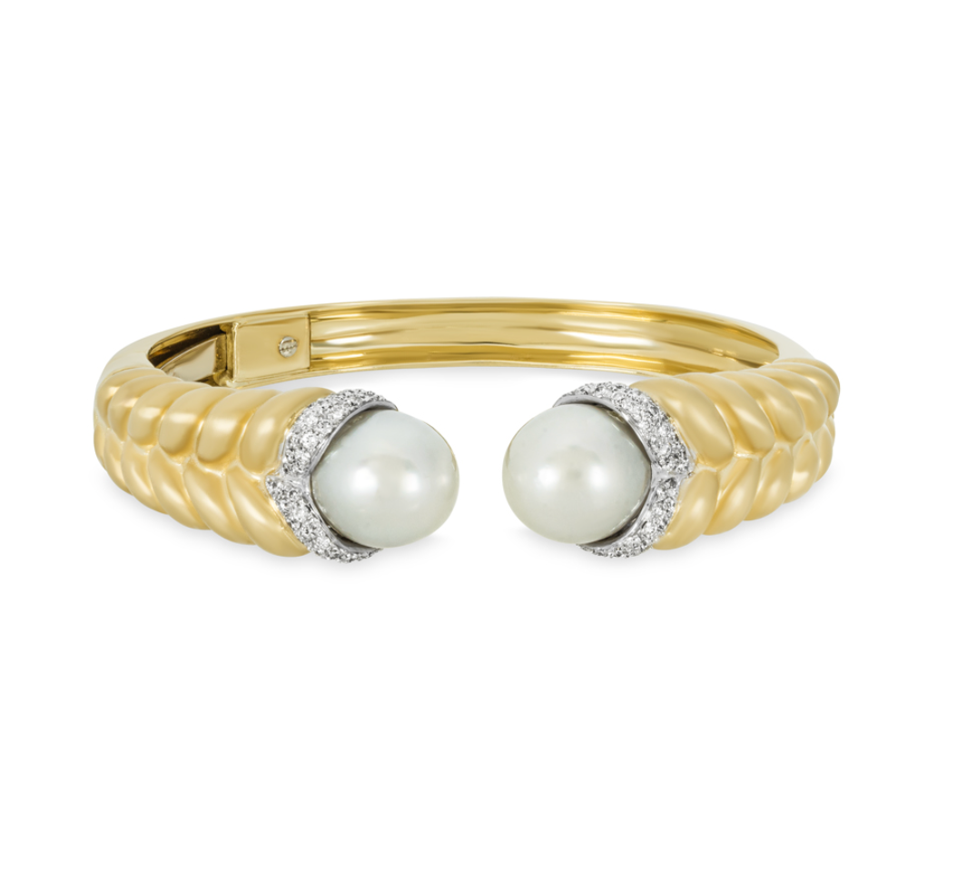 Preowned Bespoke 18kt Yellow Gold Diamond  Pearl Open Bangle k yellow gold/pearls/diamonds