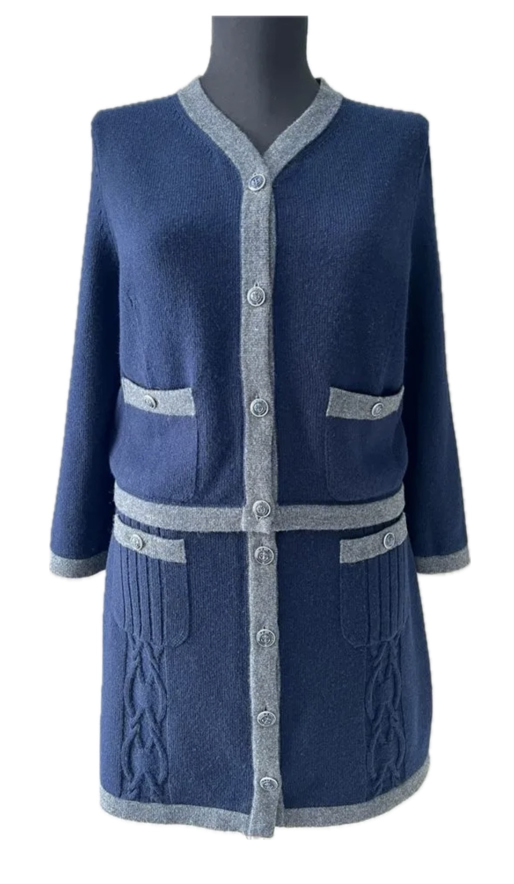 Chanel Navy and Grey Cashmere Mini Skirt and Cardigan Set Size S