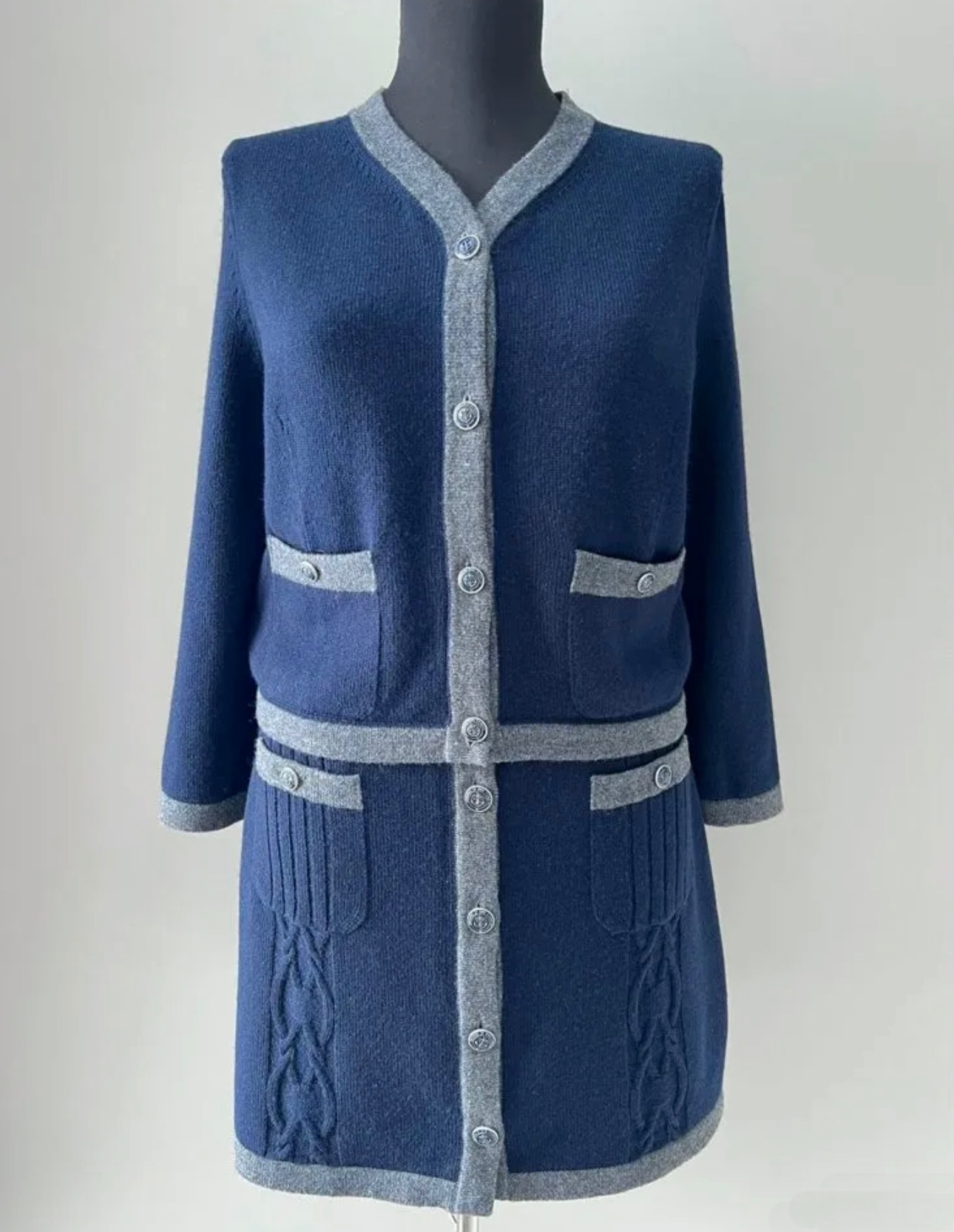 Chanel Navy and Grey Cashmere Mini Skirt and Cardigan Set Size S