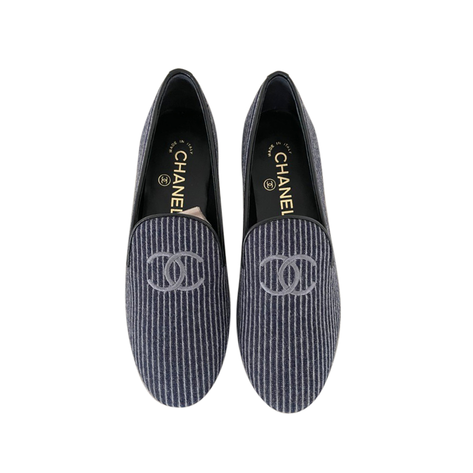 Chanel Striped Room Service CC Loafers Size 35 Blue leather