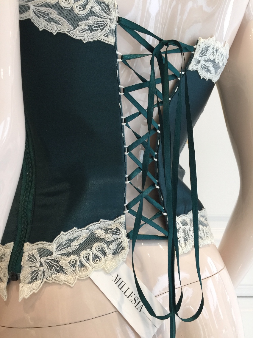 Millesia Couture Forest Green Silk  Calais Leavers Lace Corset Size S