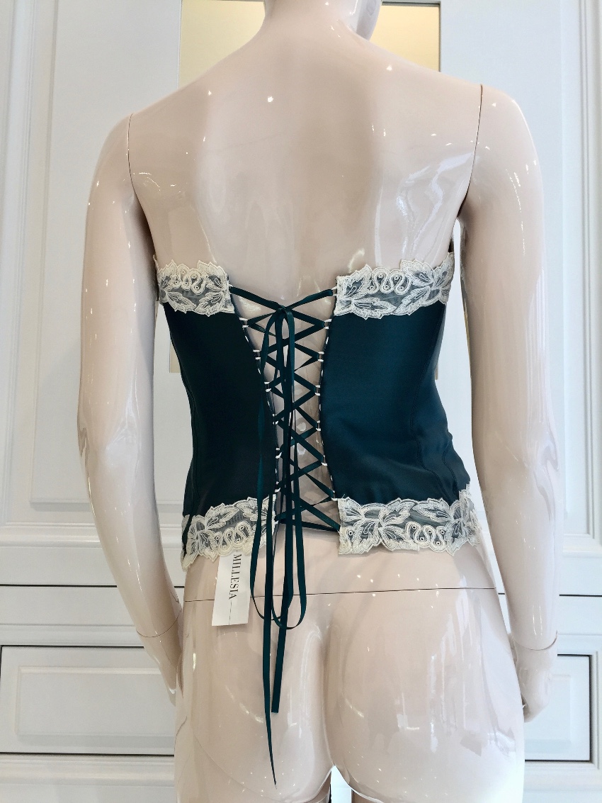 Millesia Couture Forest Green Silk  Calais Leavers Lace Corset Size S