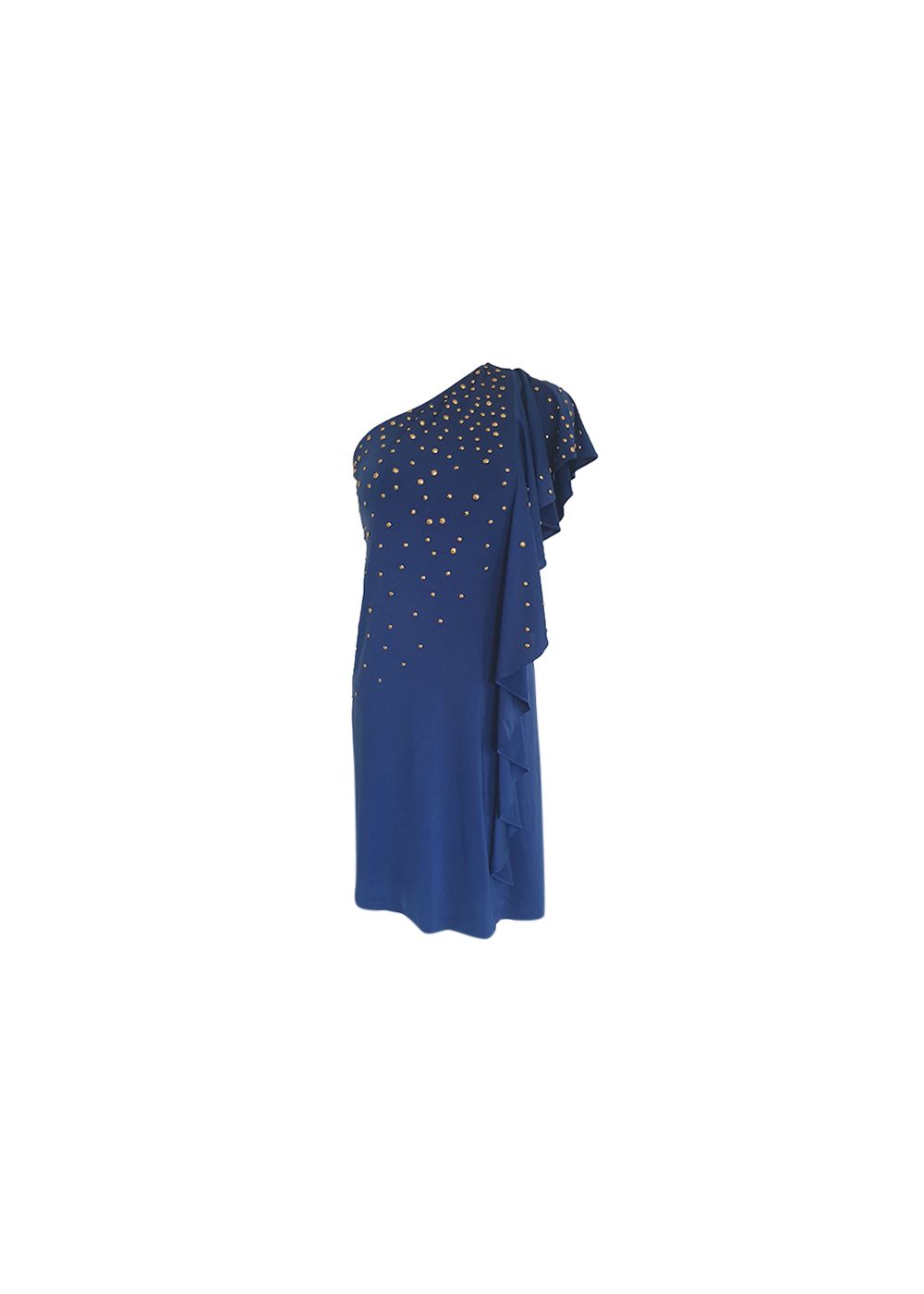 Preowned Halston Blue Studded One Shoulder Ruffle Dress Size S polyester