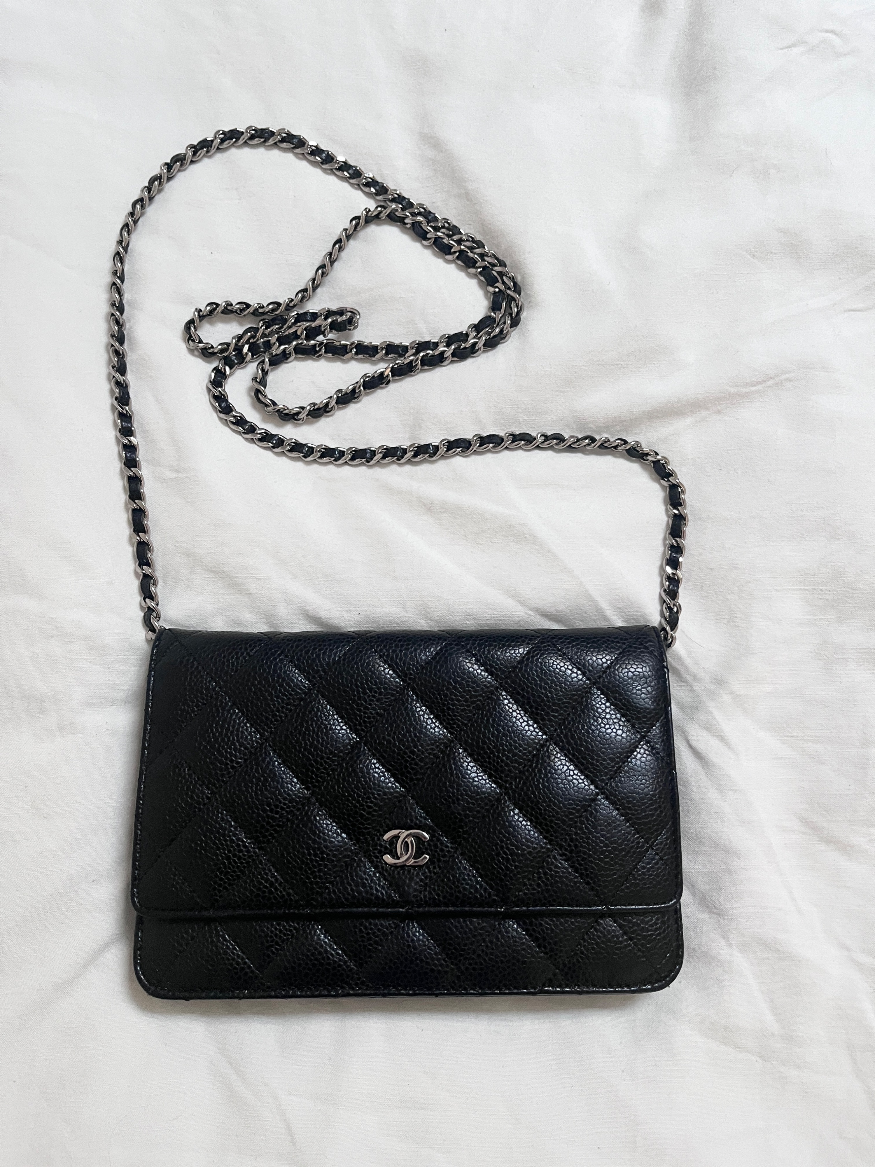 Preowned Chanel Black Caviar Leather Classic Wallet on Chain Size S