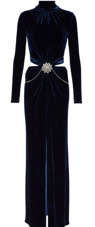 Paco Rabanne Navy Velvet High Neck Cut Out Embellished Gown Size XS Navy Blue viscose