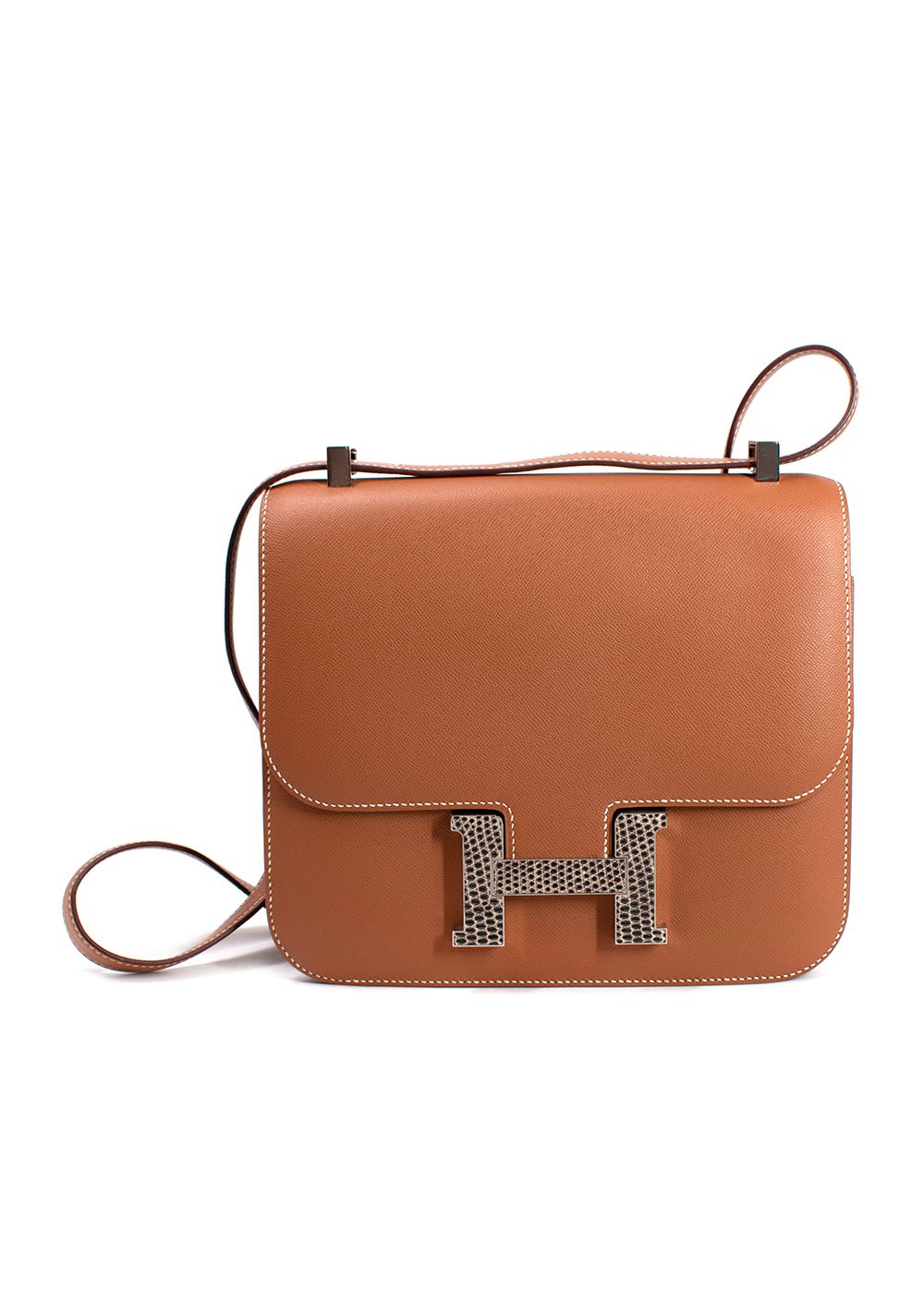 Preowned Hermes Hermès Constance 24 in Gold Madame Leather with Palladium Lizard Hardware tan