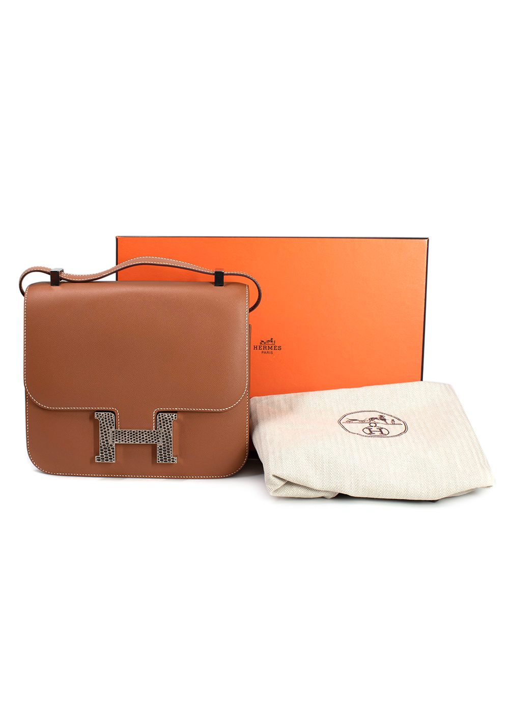 Preowned Hermes Hermès Constance 24 in Gold Madame Leather with Palladium Lizard Hardware tan