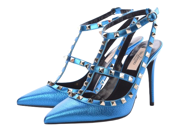 Preowned Valentino Blue Rockstud Heels Size 375 lamb