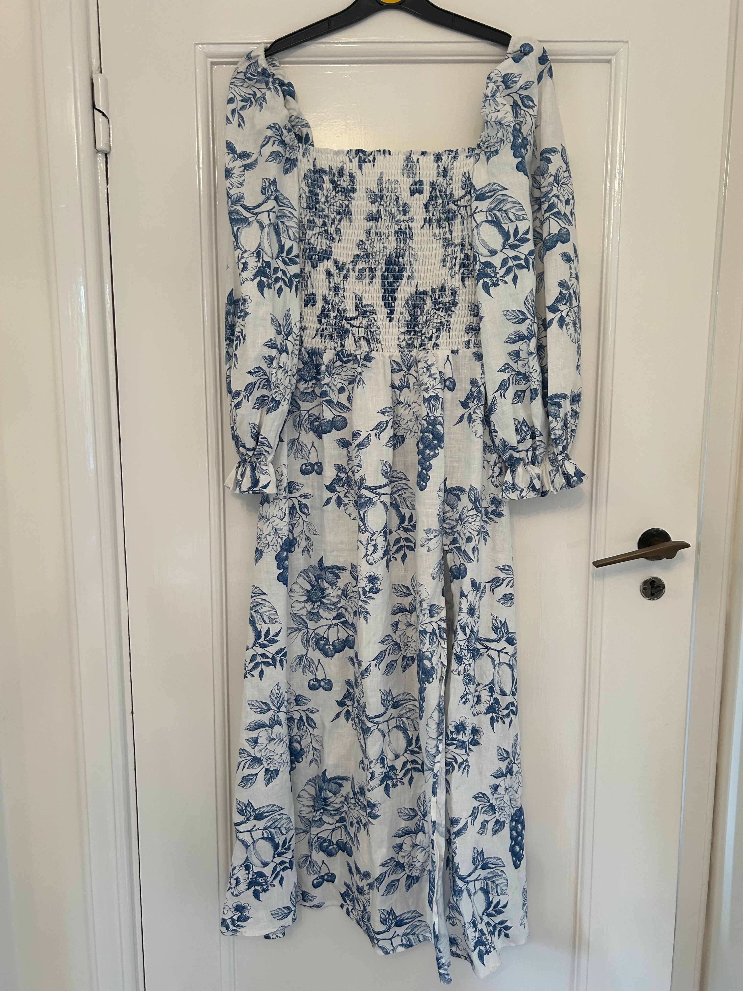 Reformation Gitane Shirred Floral-Print Linen Midi Dress Size L Blue cotton