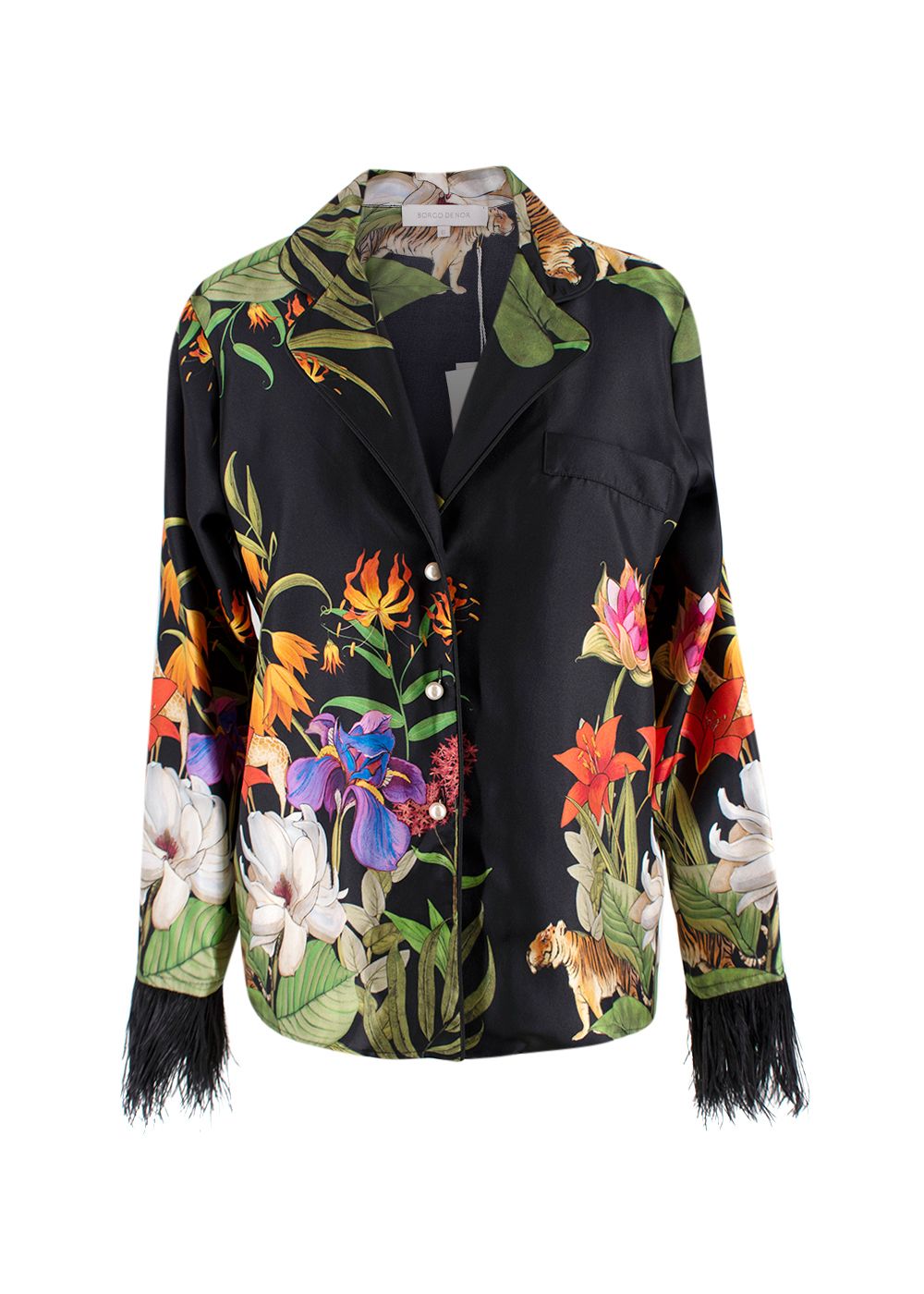 Borgo De Nor Black Safari Silk Eden Blouse with Feather Trim Size XXS black multicolour