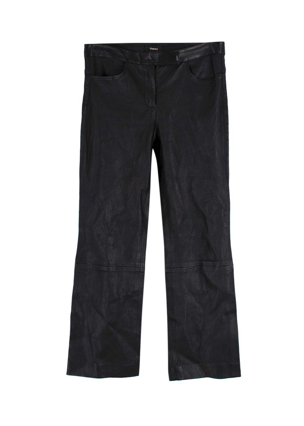 Preowned Theory Black Leather Straight Leg Trousers Size XXS