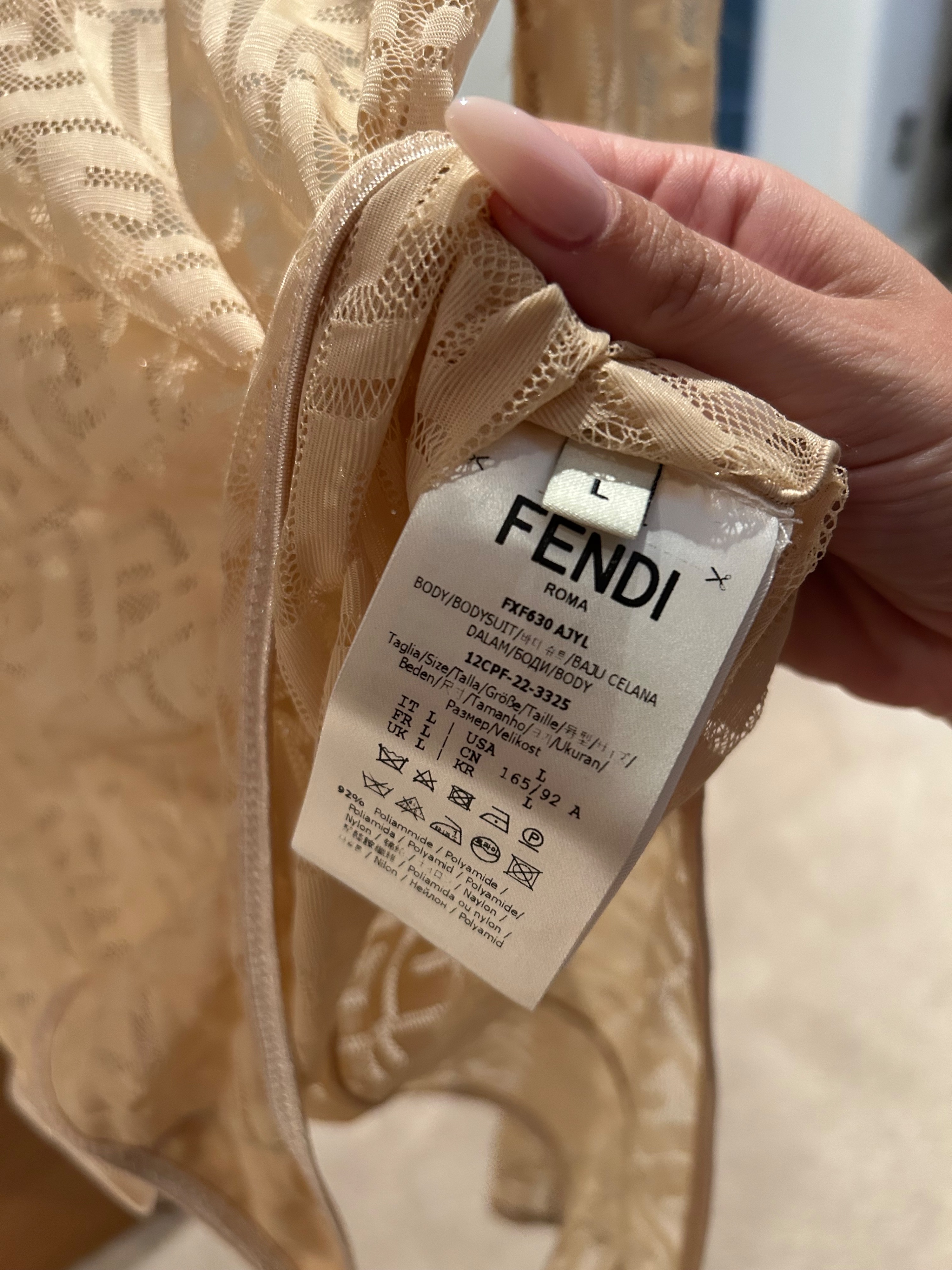 Preowned Fendi Beige FF Lace Bodysuit Size L