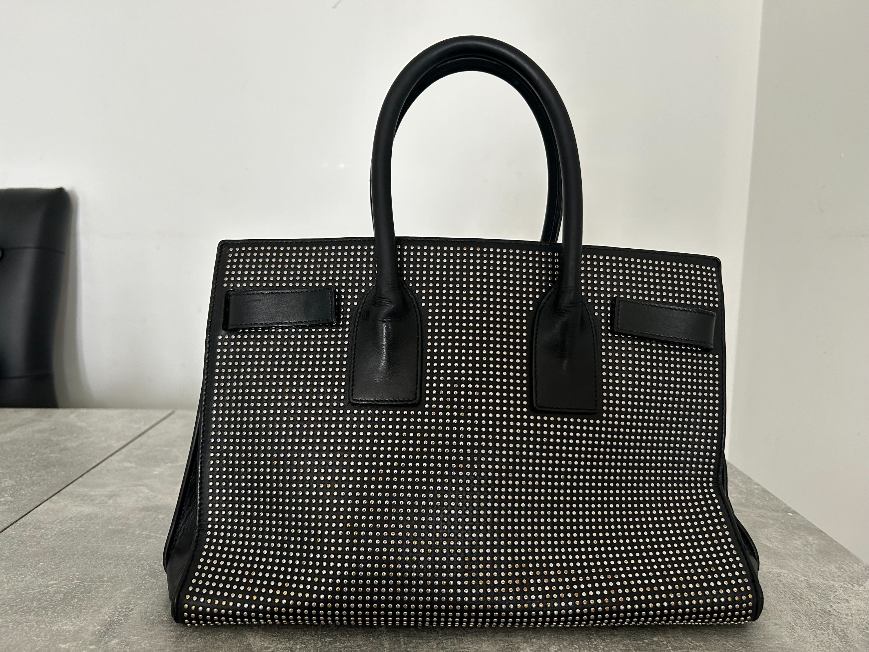 Saint Laurent Black Leather Small Studded Sac de Jour Tote Bag