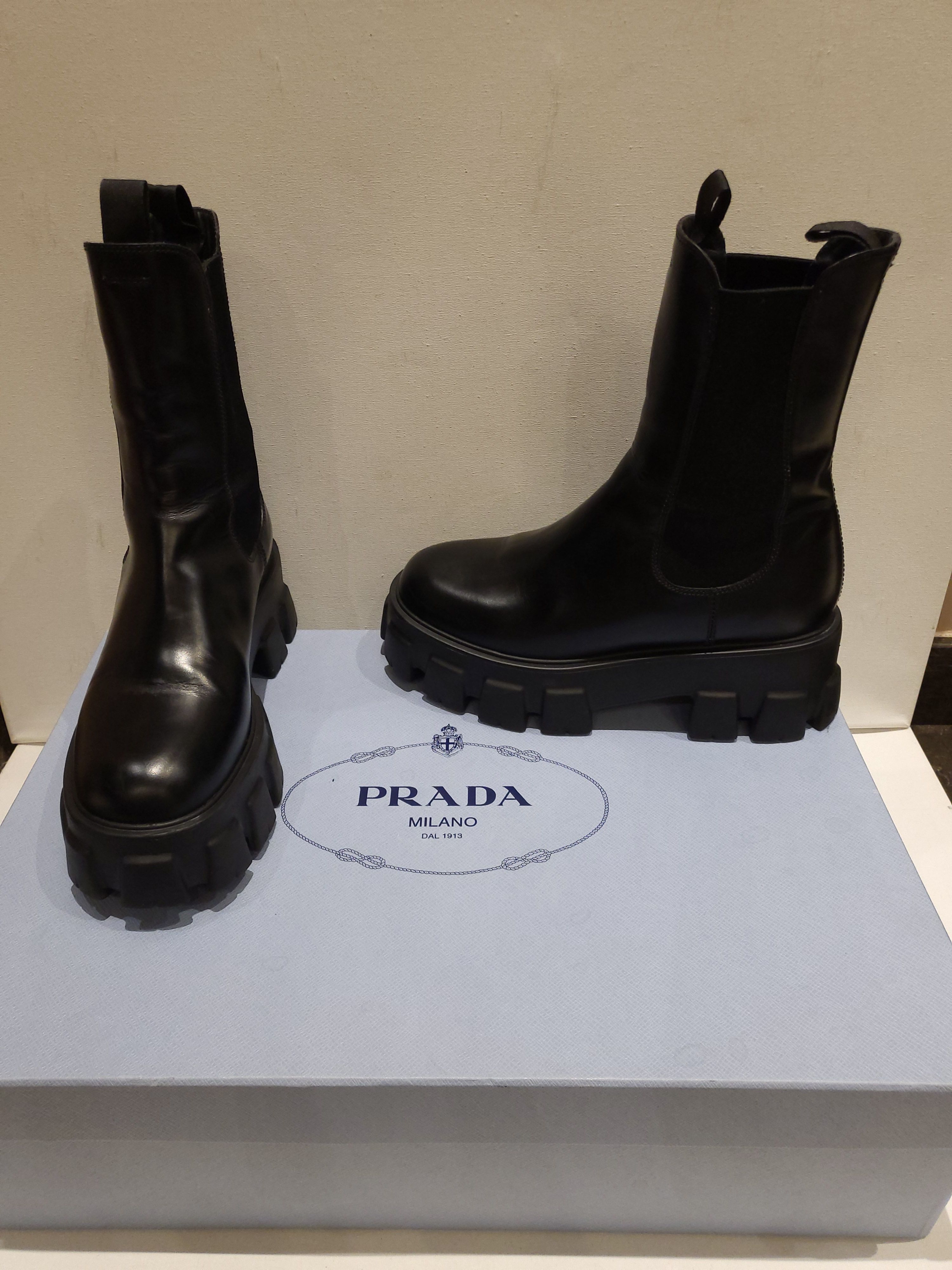 Preowned Prada Black Monolith Brushed Leather Boots Size 39