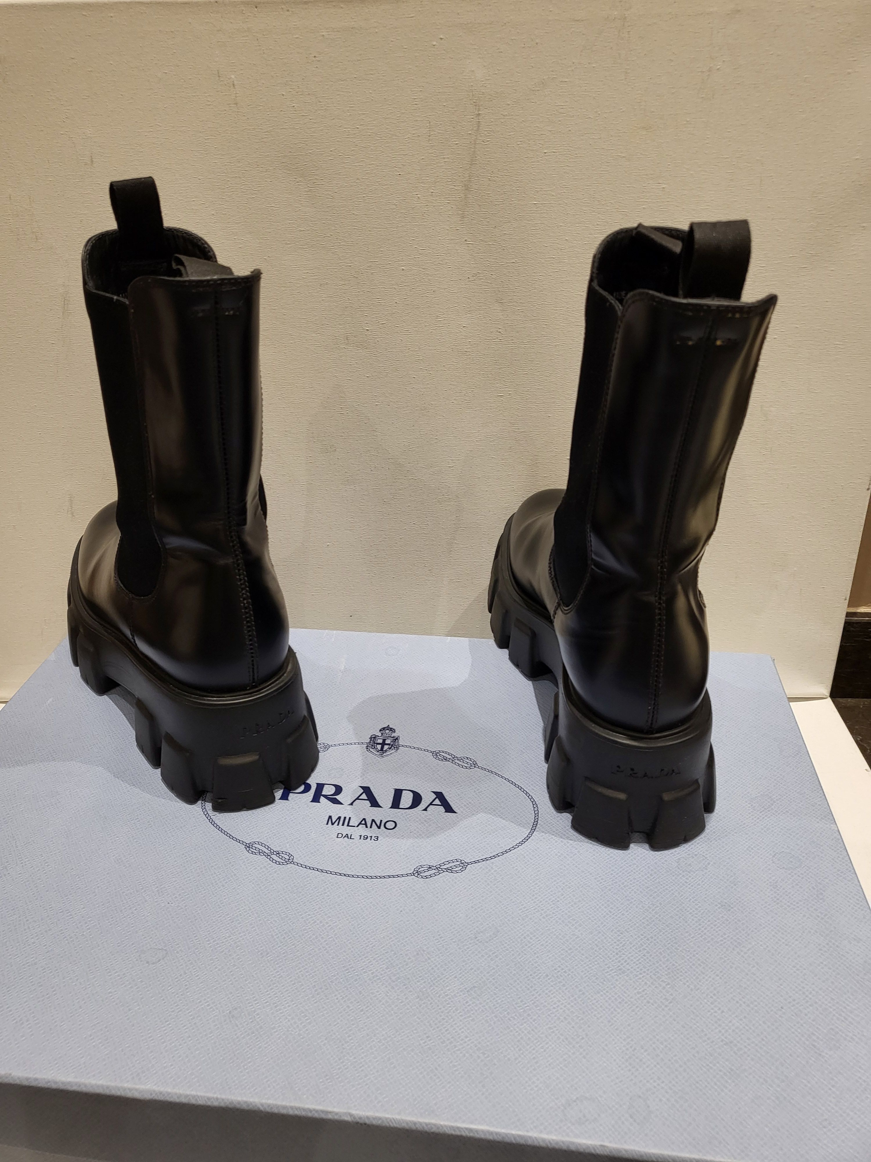 Preowned Prada Black Monolith Brushed Leather Boots Size 39