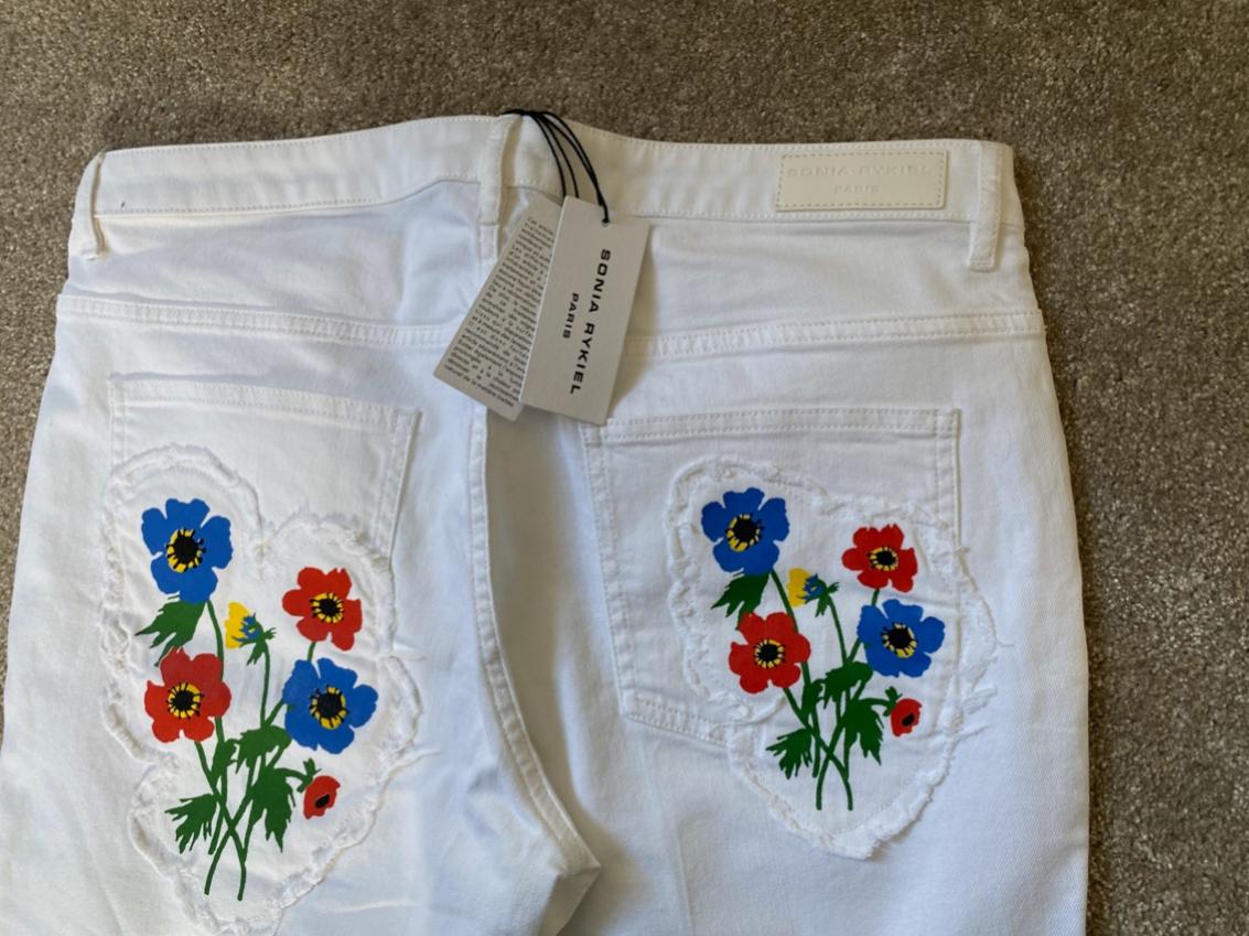 Sonia Rykiel white denim floral embroidered jeans Size XL cotton