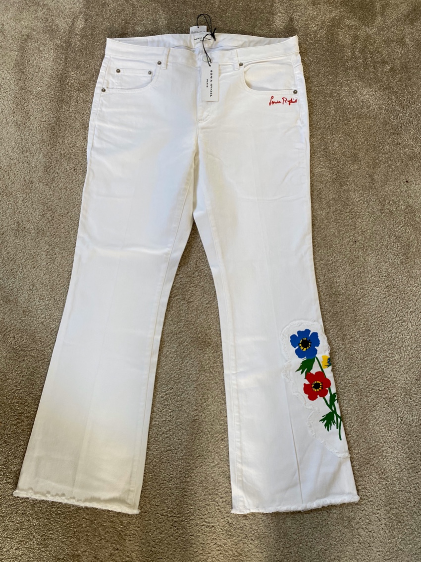 Sonia Rykiel white denim floral embroidered jeans Size XL cotton