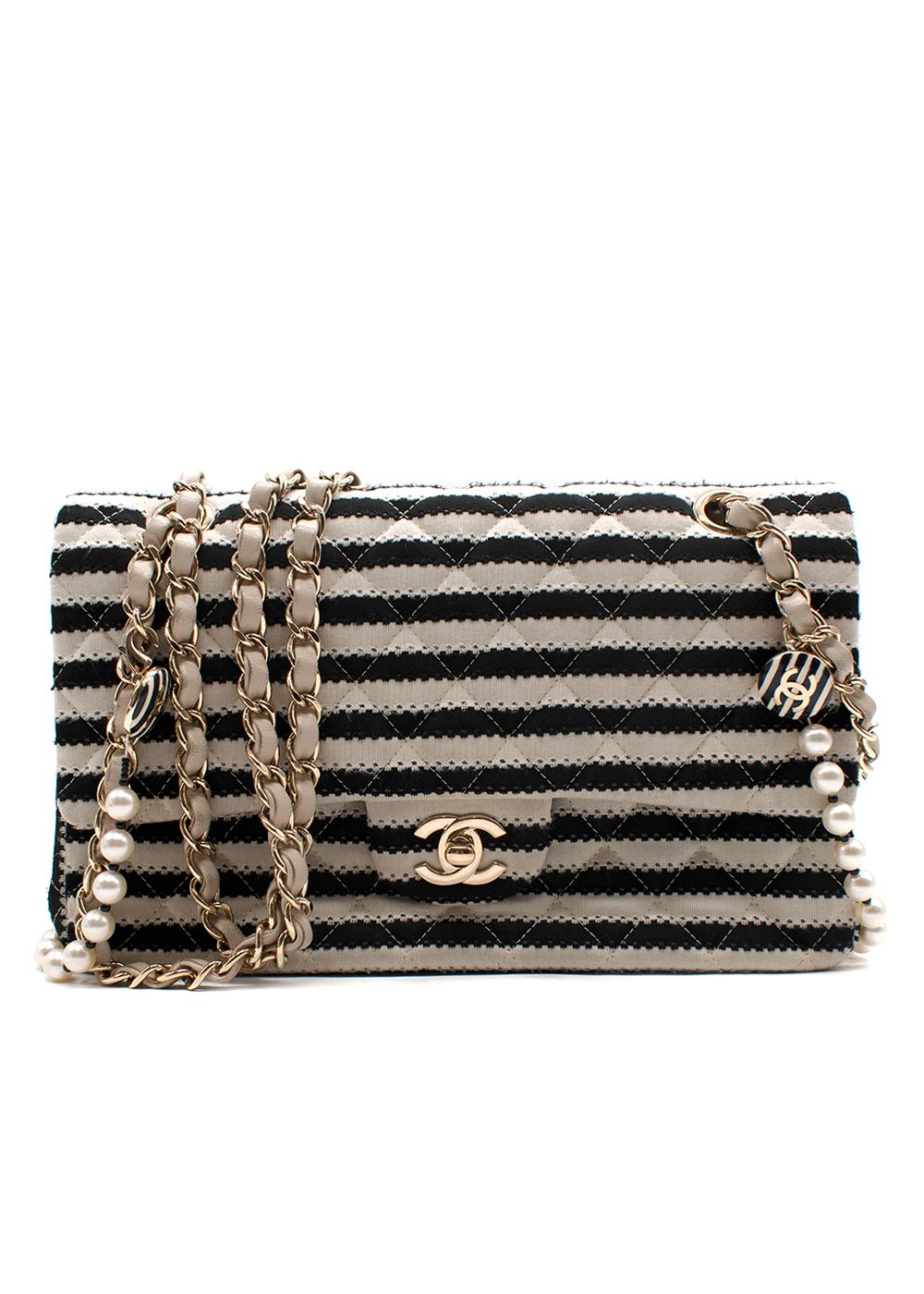 Preowned Chanel Coco Sailor Pearls Medium Double Flap Bag black/cream cloth/lining-/leather