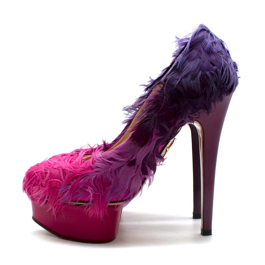 Preowned Charlotte Olympia Pink Feathers  Leather Platform Pumps Size 35