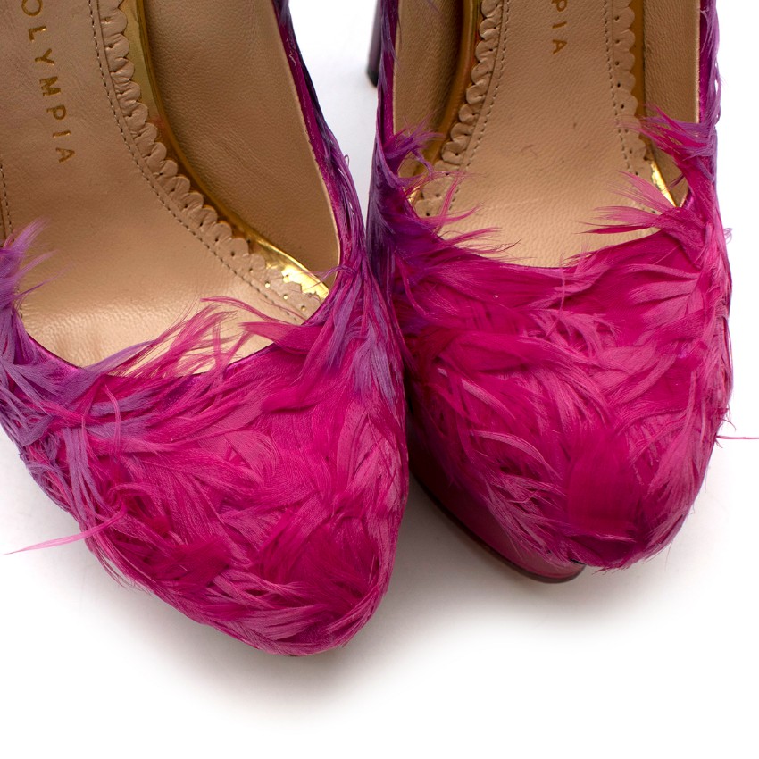 Preowned Charlotte Olympia Pink Feathers  Leather Platform Pumps Size 35