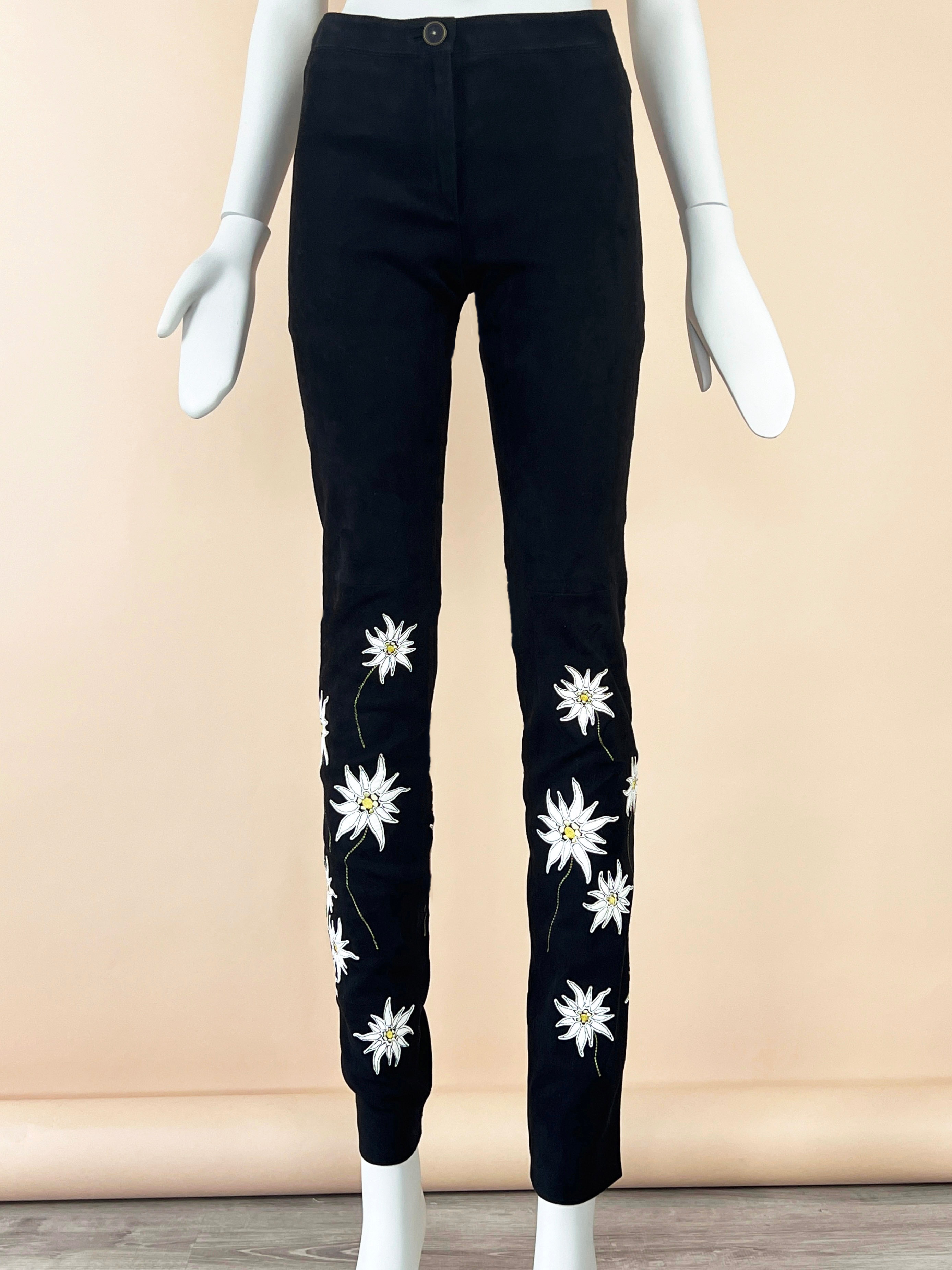 Chanel Black Suede Floral Embellished Leggings Size S