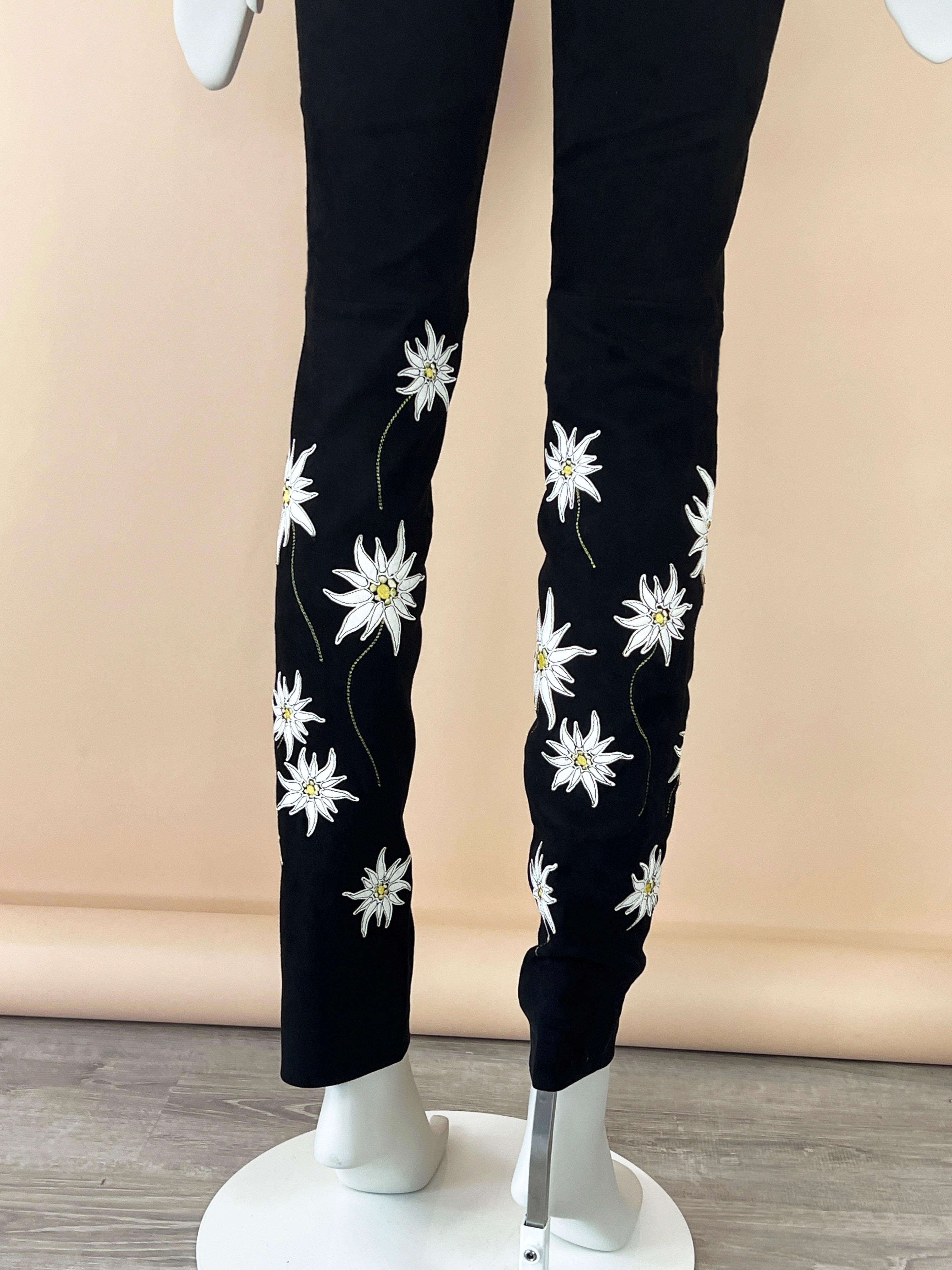 Chanel Black Suede Floral Embellished Leggings Size S