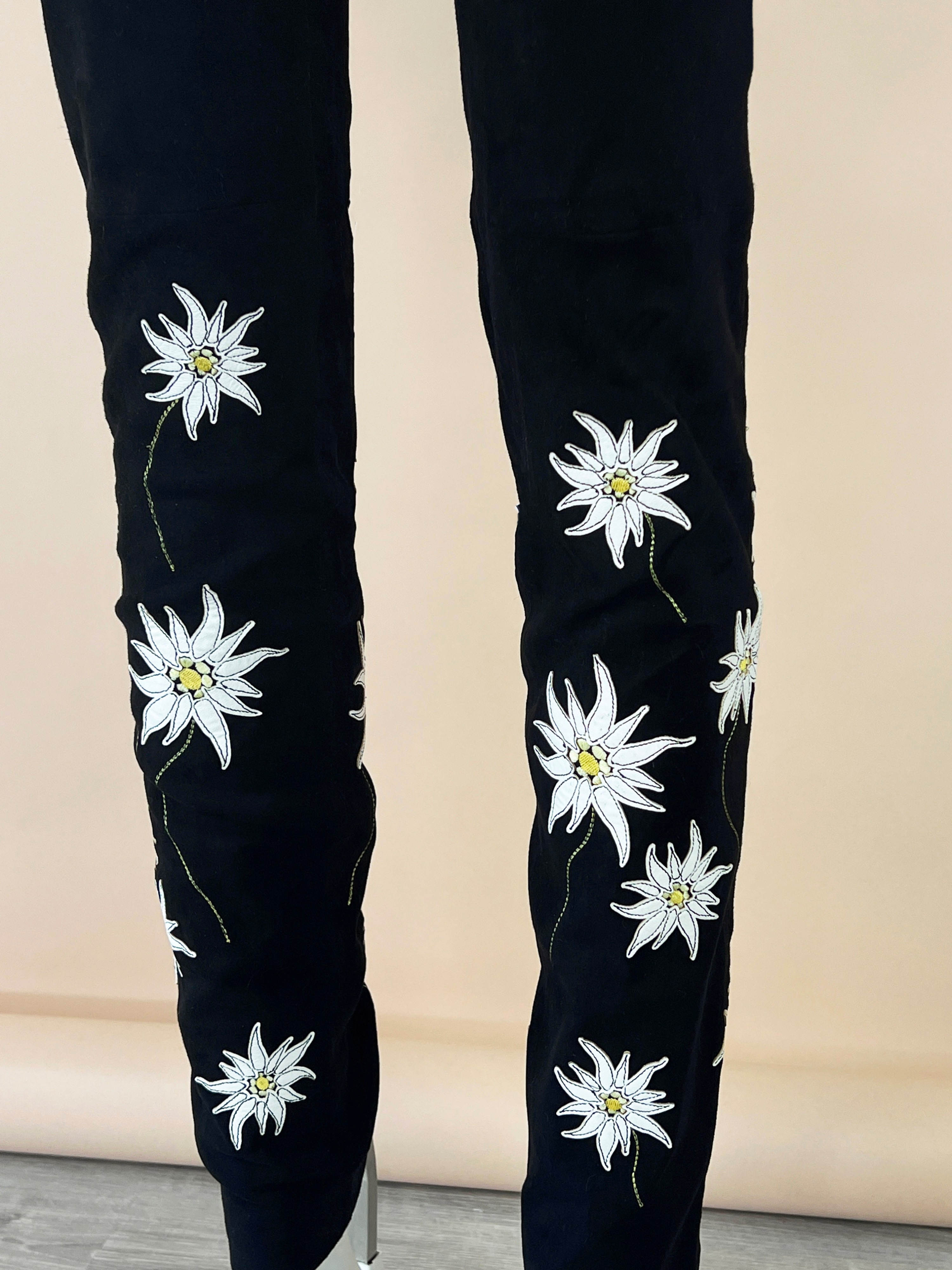 Chanel Black Suede Floral Embellished Leggings Size S