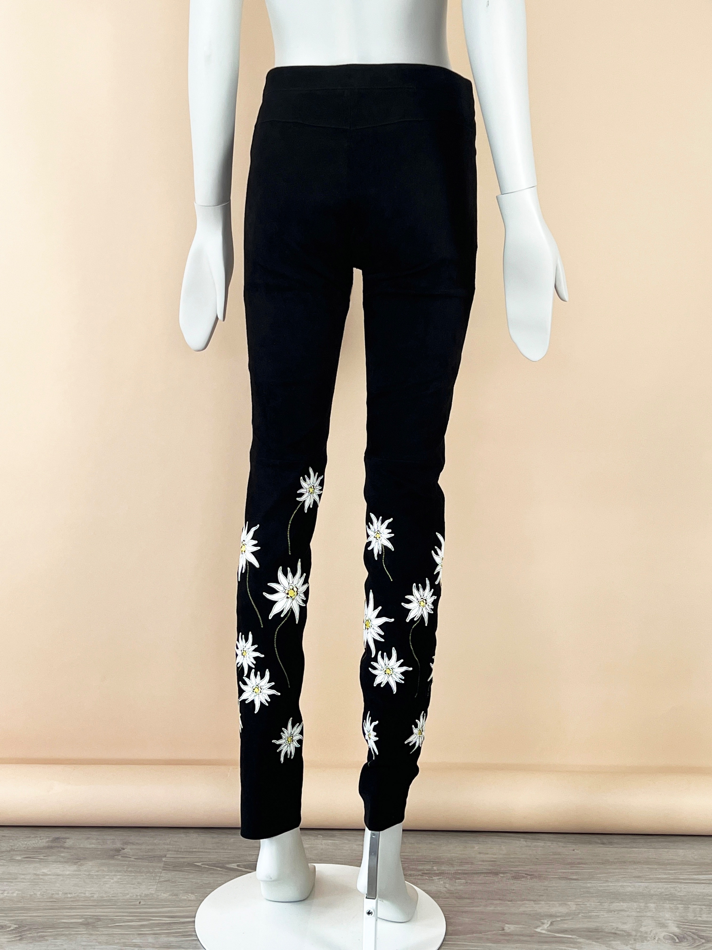 Chanel Black Suede Floral Embellished Leggings Size S