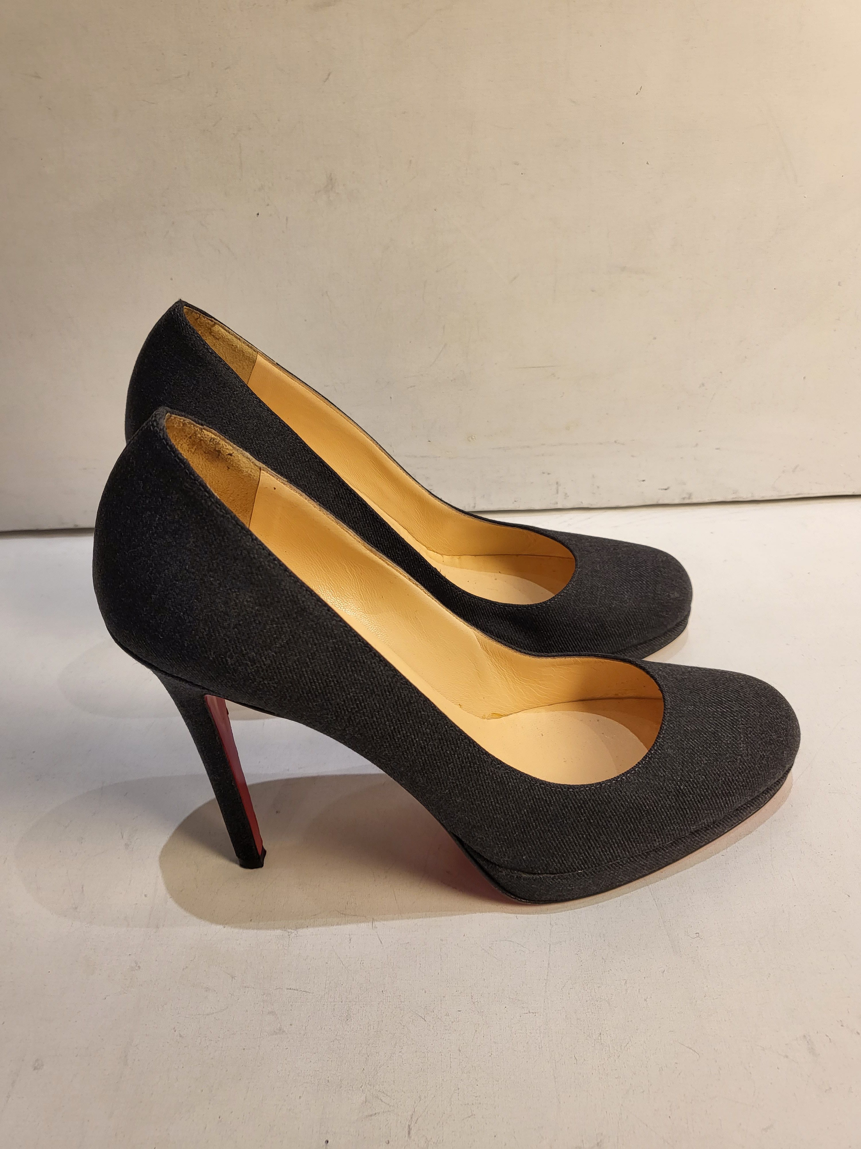 Preowned Christian Louboutin Grey Denim Platform Pumps Size 38 Dark Gray cloth