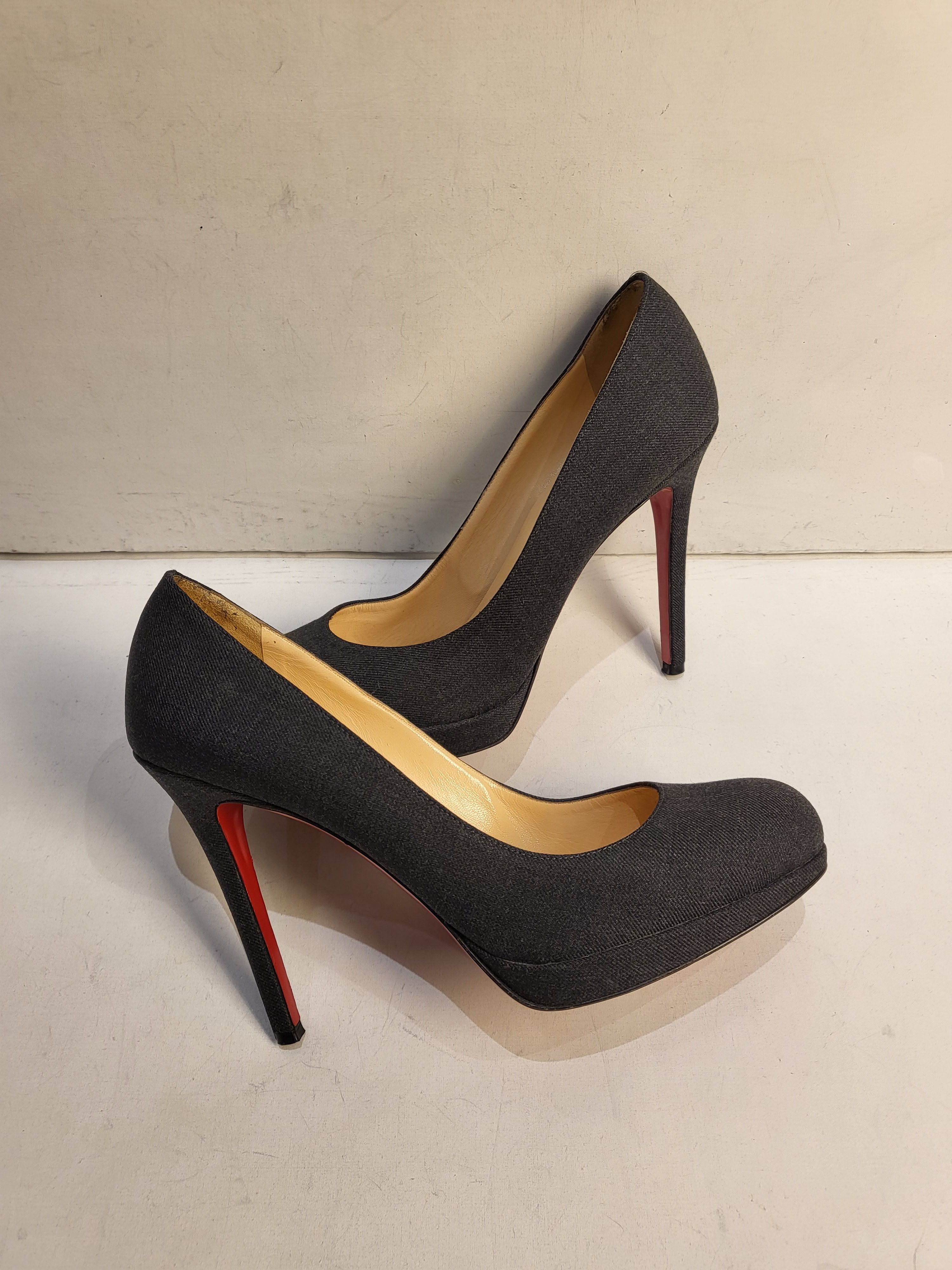 Preowned Christian Louboutin Grey Denim Platform Pumps Size 38 Dark Gray cloth